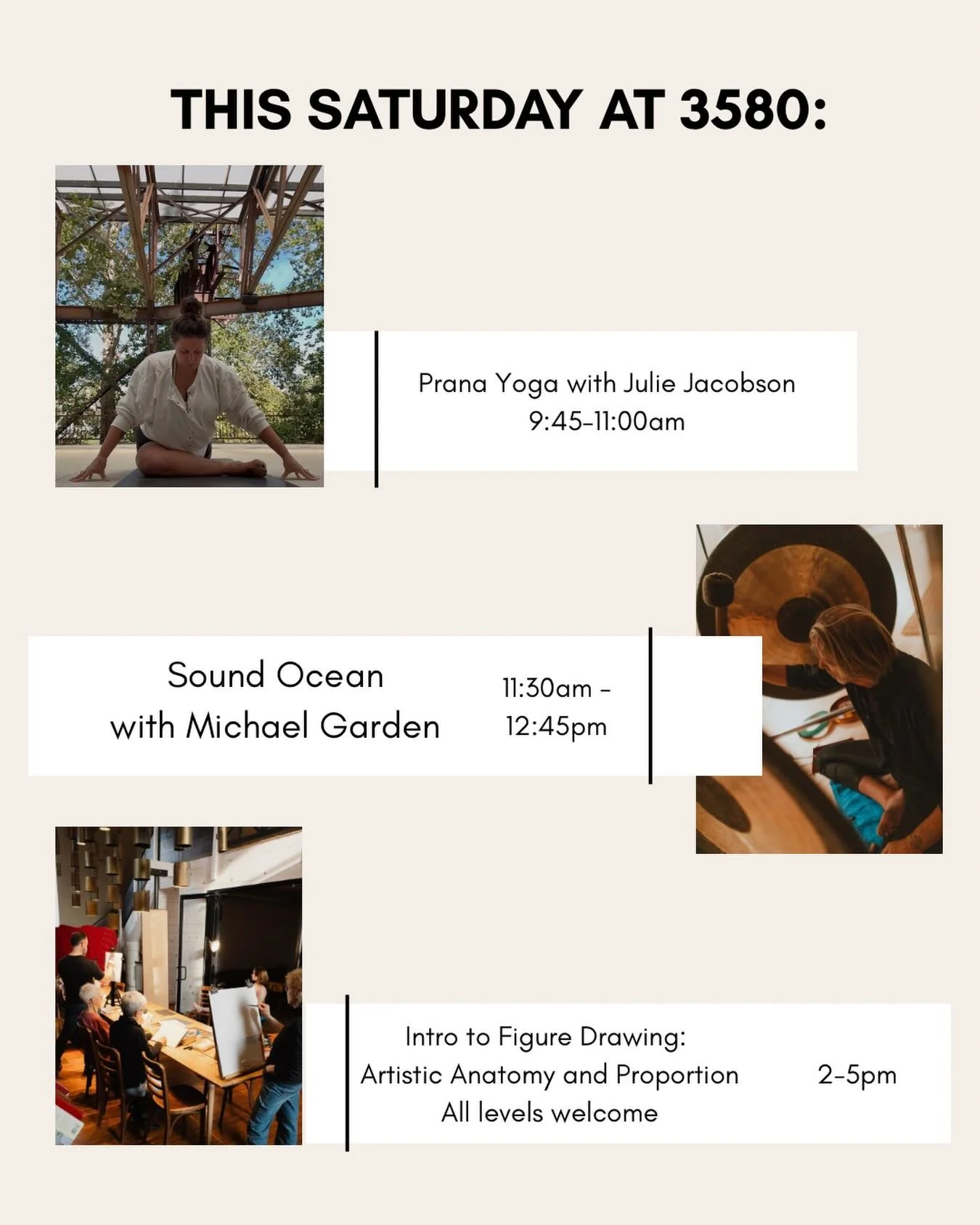 Lots going on this weekend at 3580! Go to the link in our bio or our website for more info and to save your spot!