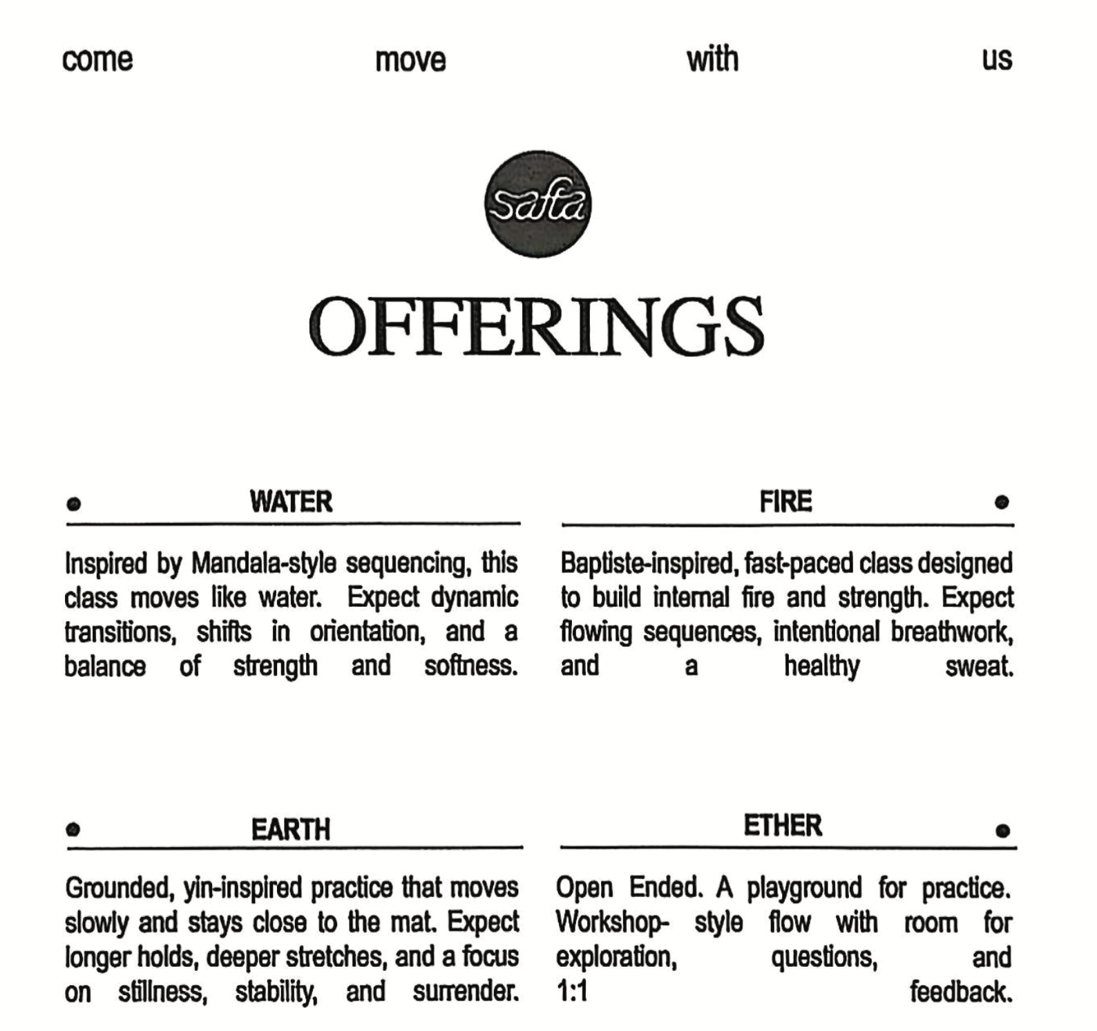 A flyer advertising offerings from Safta, including water, fire, earth, and ether classes, with descriptions of each class's focus and style.