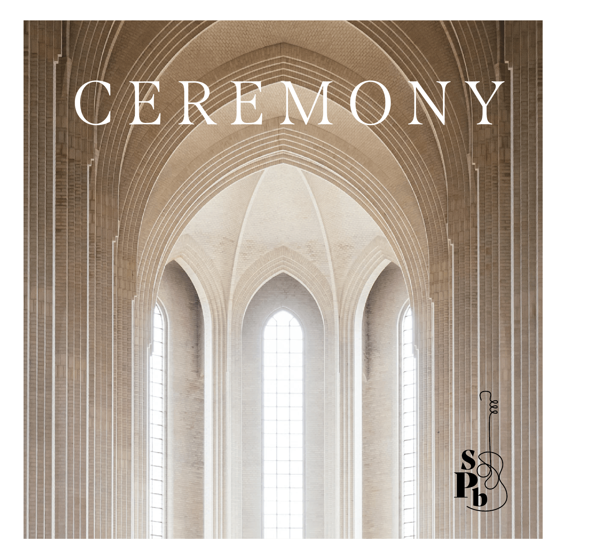 Interior view of a church with tall arched windows and vaulted ceilings with the word 'CEREMONY' in large white letters at the top.