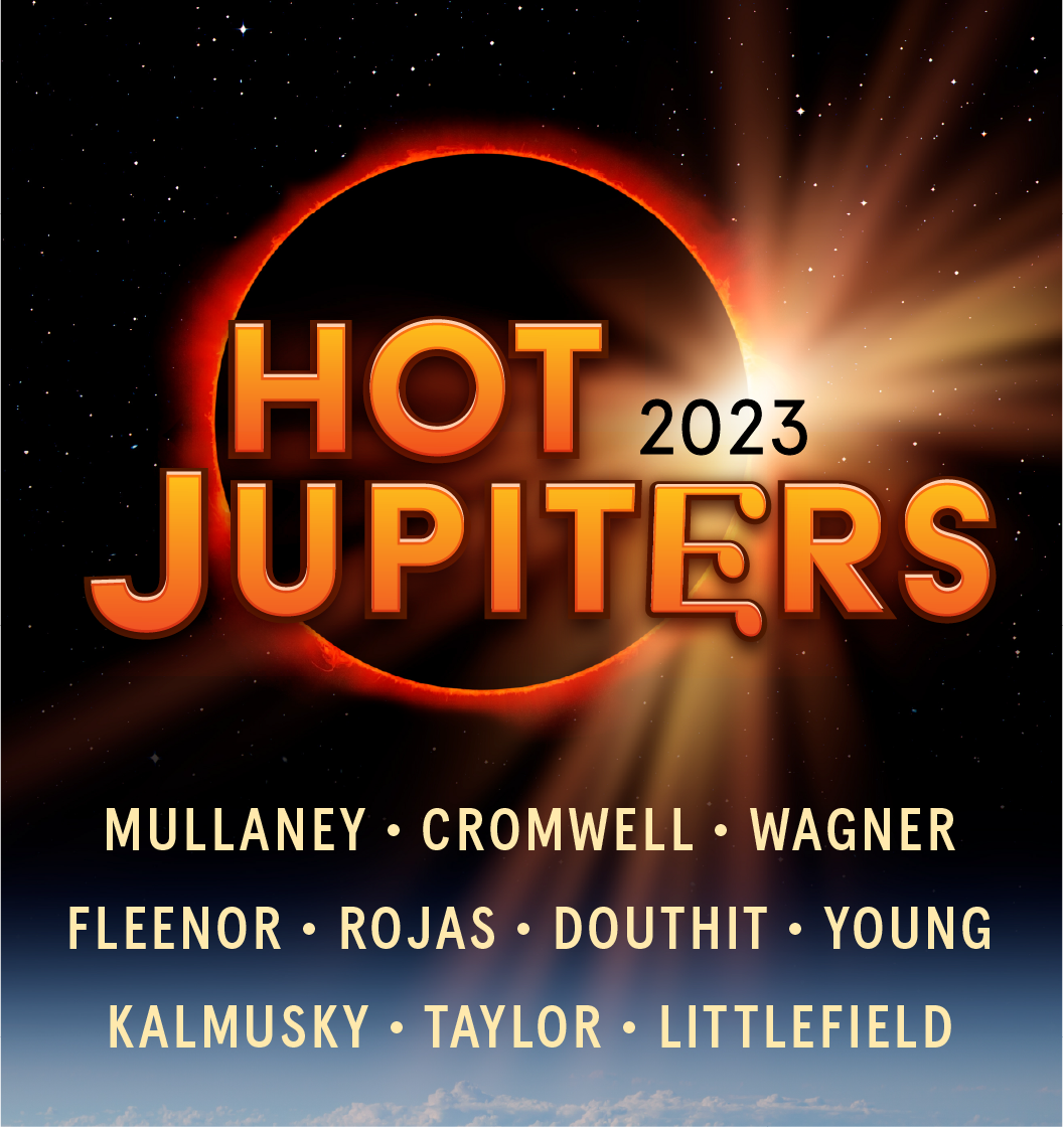 A graphic displaying the solar eclipse of Jupiter with the text "Hot Jupiters 2023" and a list of names of astronomers or scientists.