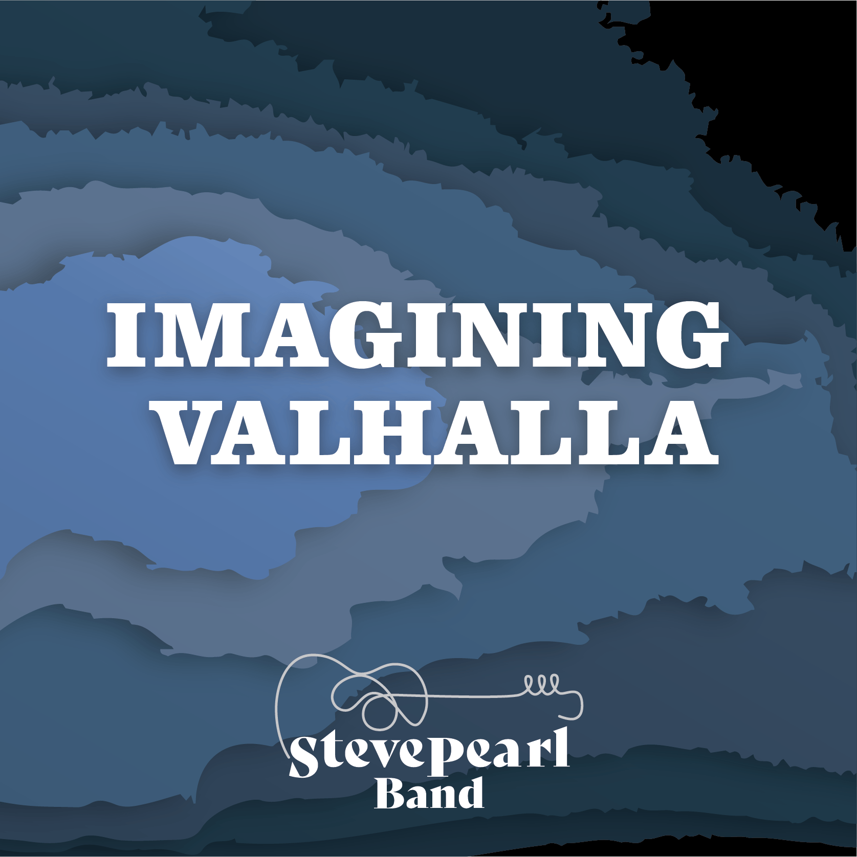Digital illustration with layered dark blue clouds and the text 'Imagining Valhalla' in bold white font. Below, a stylized white line drawing of a thread or string with a knot. The words 'Steve Pearl Band' are beneath in white, with 'Steve Pearl' in bold and larger font.