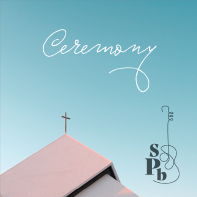 An illustration of a church roof with a cross, the word 'Ceremony' written in cursive, and a decorative graphic with 'SPb' at the bottom right.