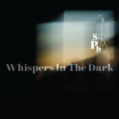 A window showing a sunset or sunrise with the text 'Whisper's In The Dark' superimposed, along with a logo containing 'SPB' and a treble clef style design.