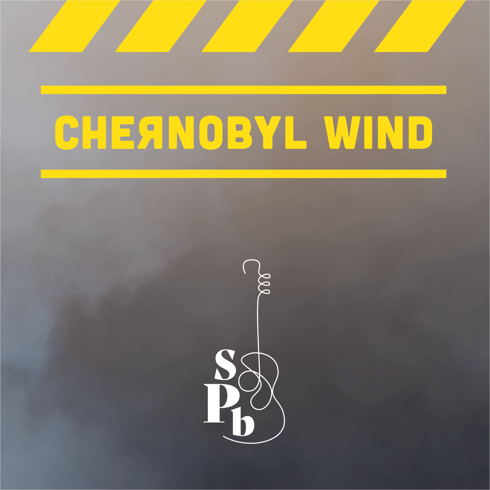 Image showing warning tape at the top, the text 'Chernobyl Wind' in large yellow letters in the center, and a graphic of a needle with thread at the bottom, with the letters 'S', 'P', 'b' along the thread.