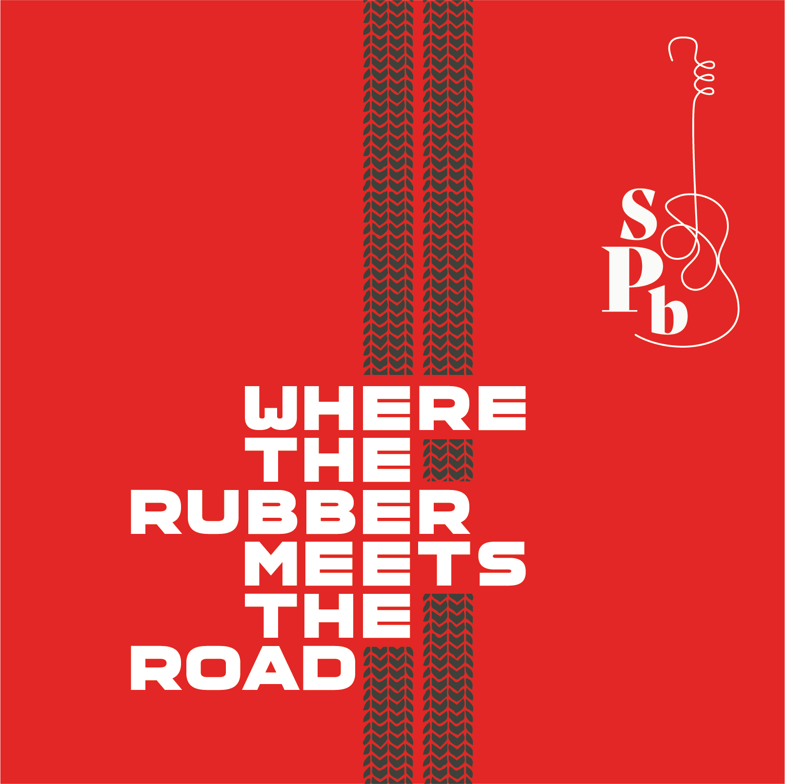 Red background with black tire tracks running vertically, white text reading 'Where the Rubber Meets the Road' in the center, and smaller white text 'SPb' with a stylized swirl on the right side.