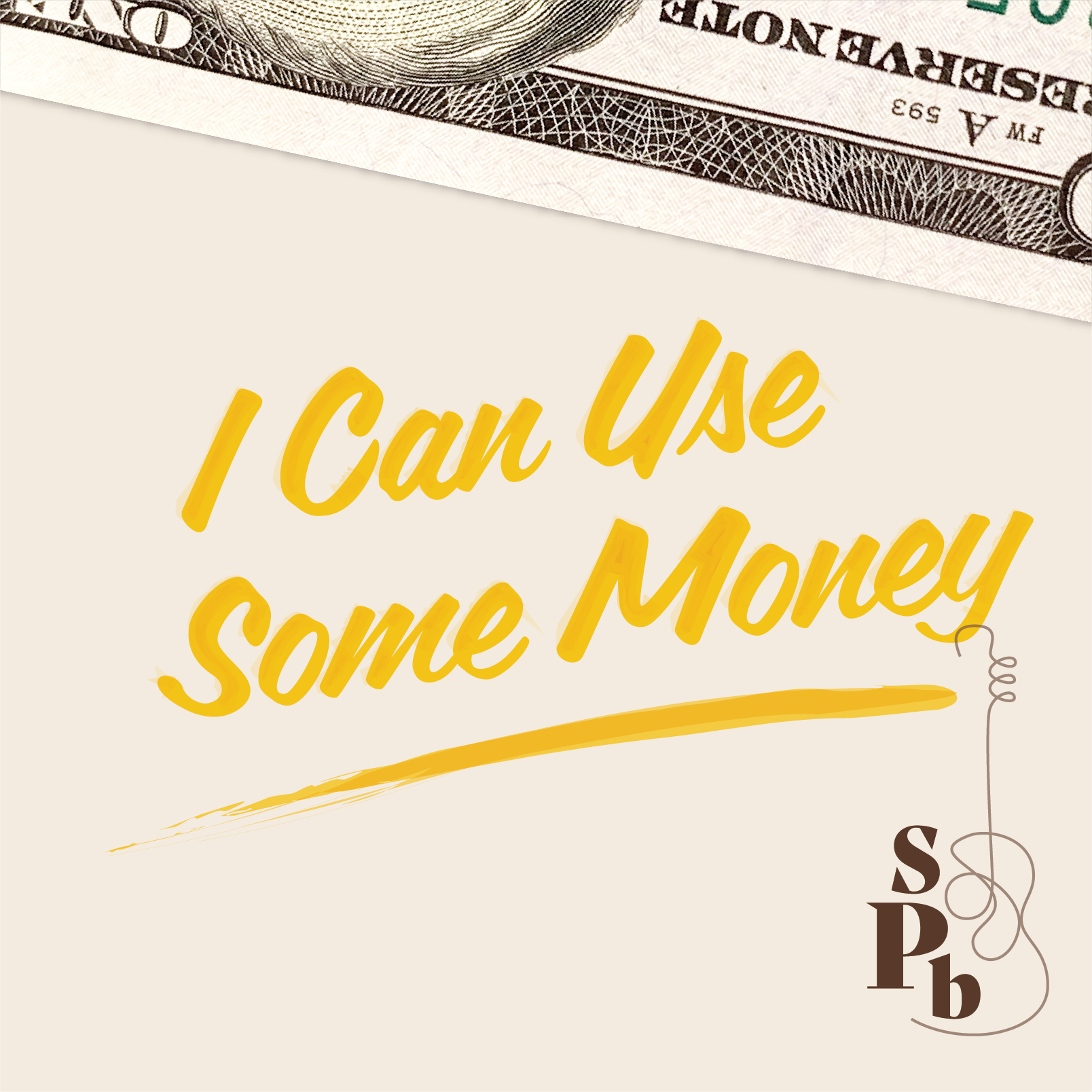 Tan leather texture background with white text reading "God Bless A Country Girl" and stylized initials "S P b" with a guitar outline.