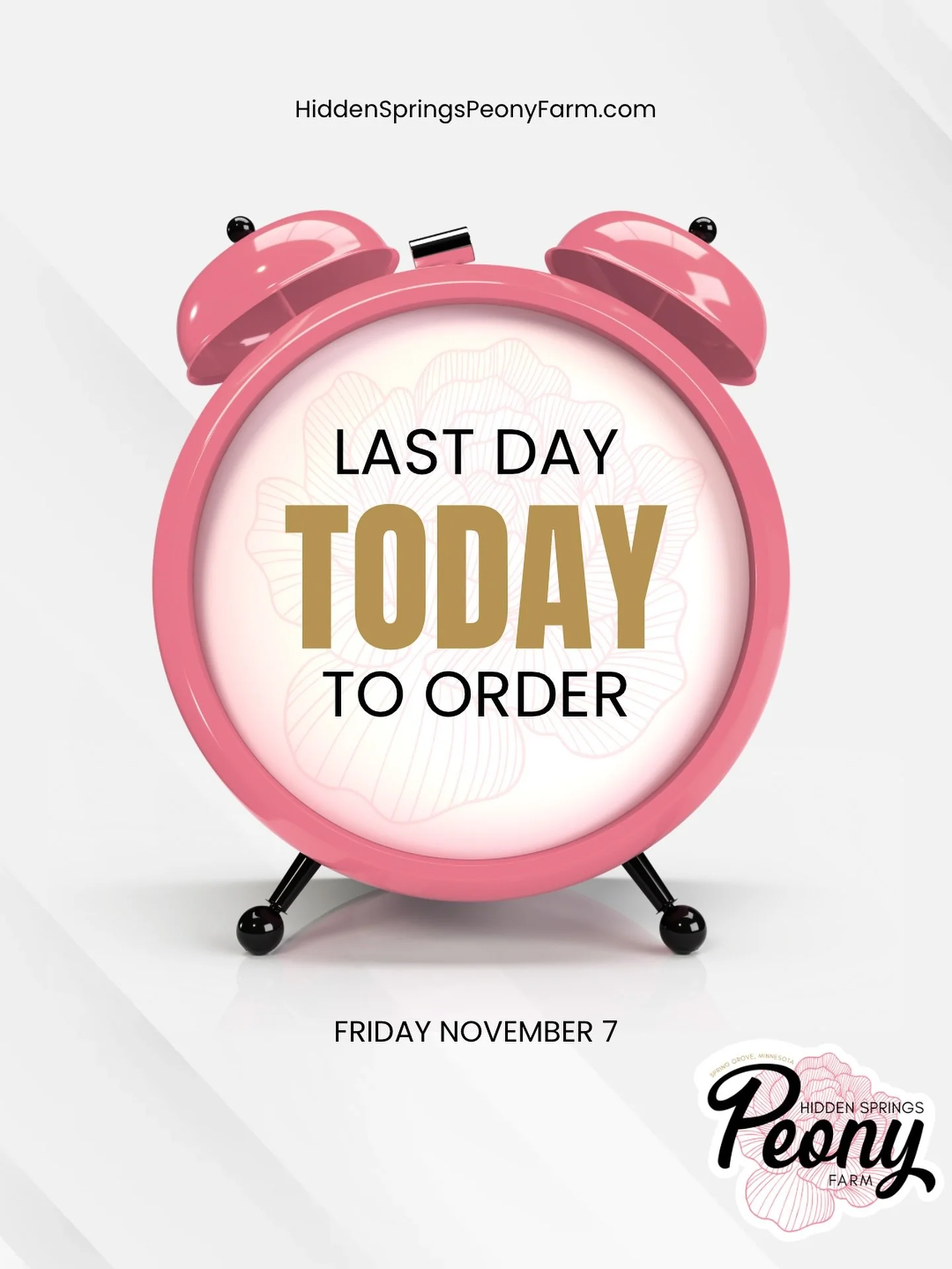 Times almost up! Order bare root peonies by 11:59 tonight! 

https://www.hiddenspringspeonyfarm.com/shop-peonies-online