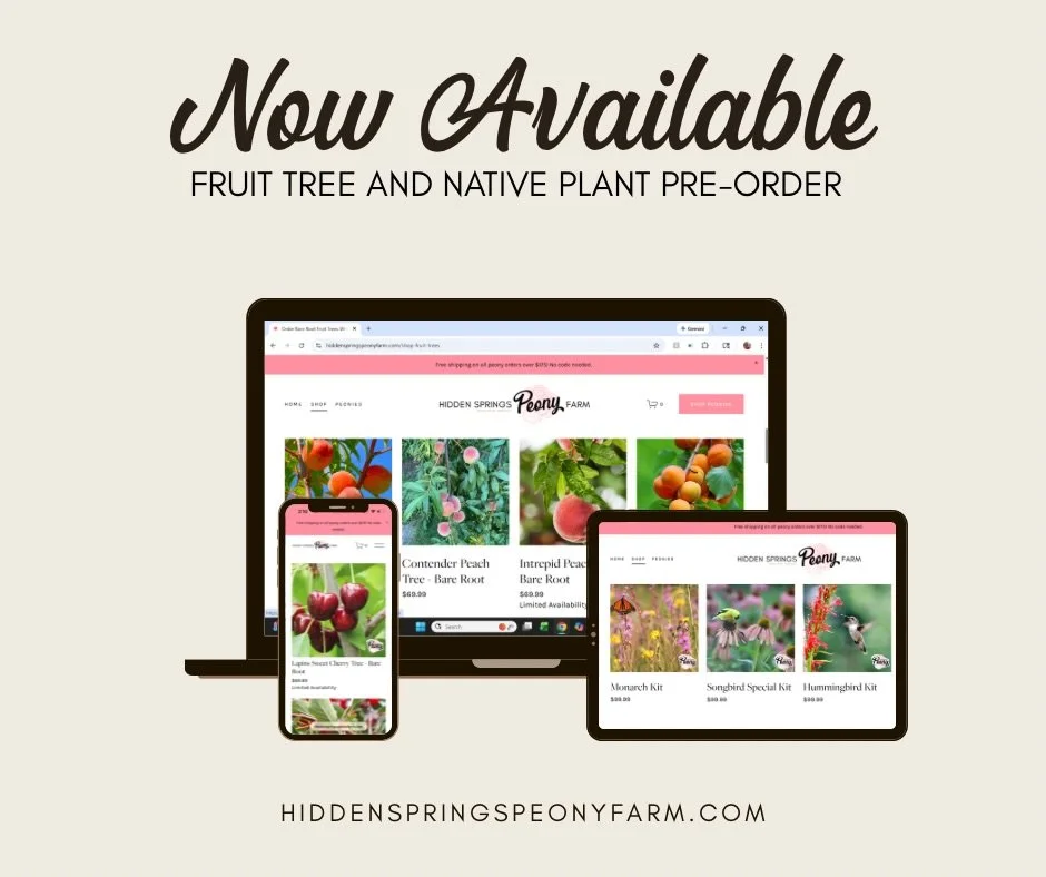 Now is the time to pre-order fruit trees and native plants for spring!

Shop at HiddenSpringsPeonyFarm.com