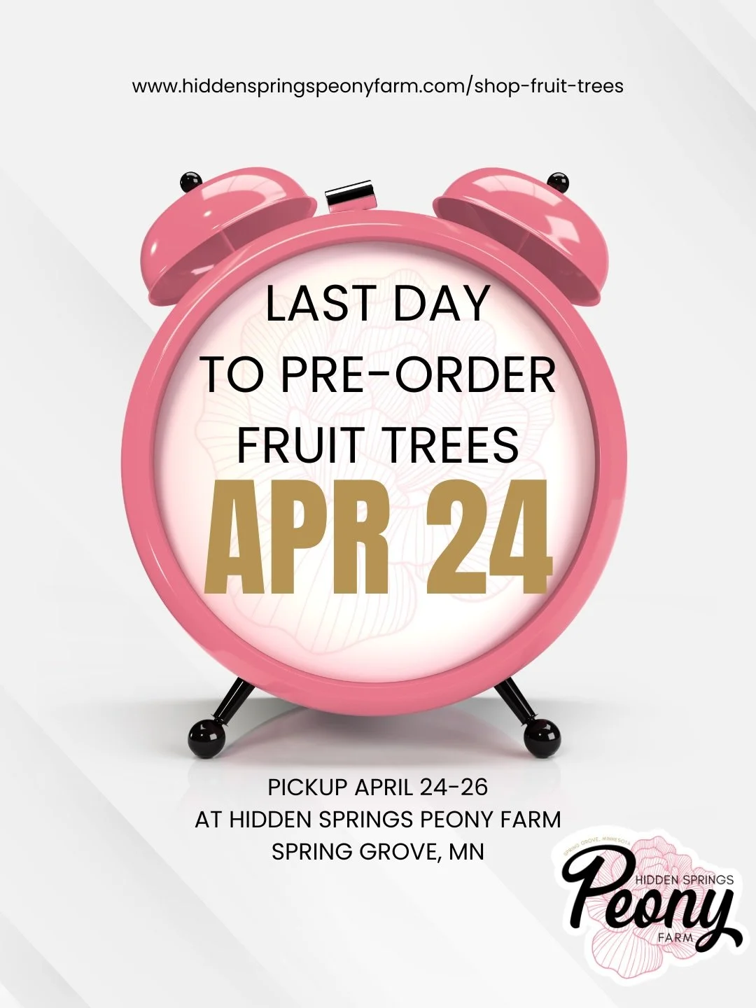 Pre-order fruit trees as bare root trees for pickup this weekend, April 24-26.

All trees that are not pre-ordered will be potted up and sold starting opening day, May 1. Price on potted is more expensive to account for soil, pots and time.

Order at