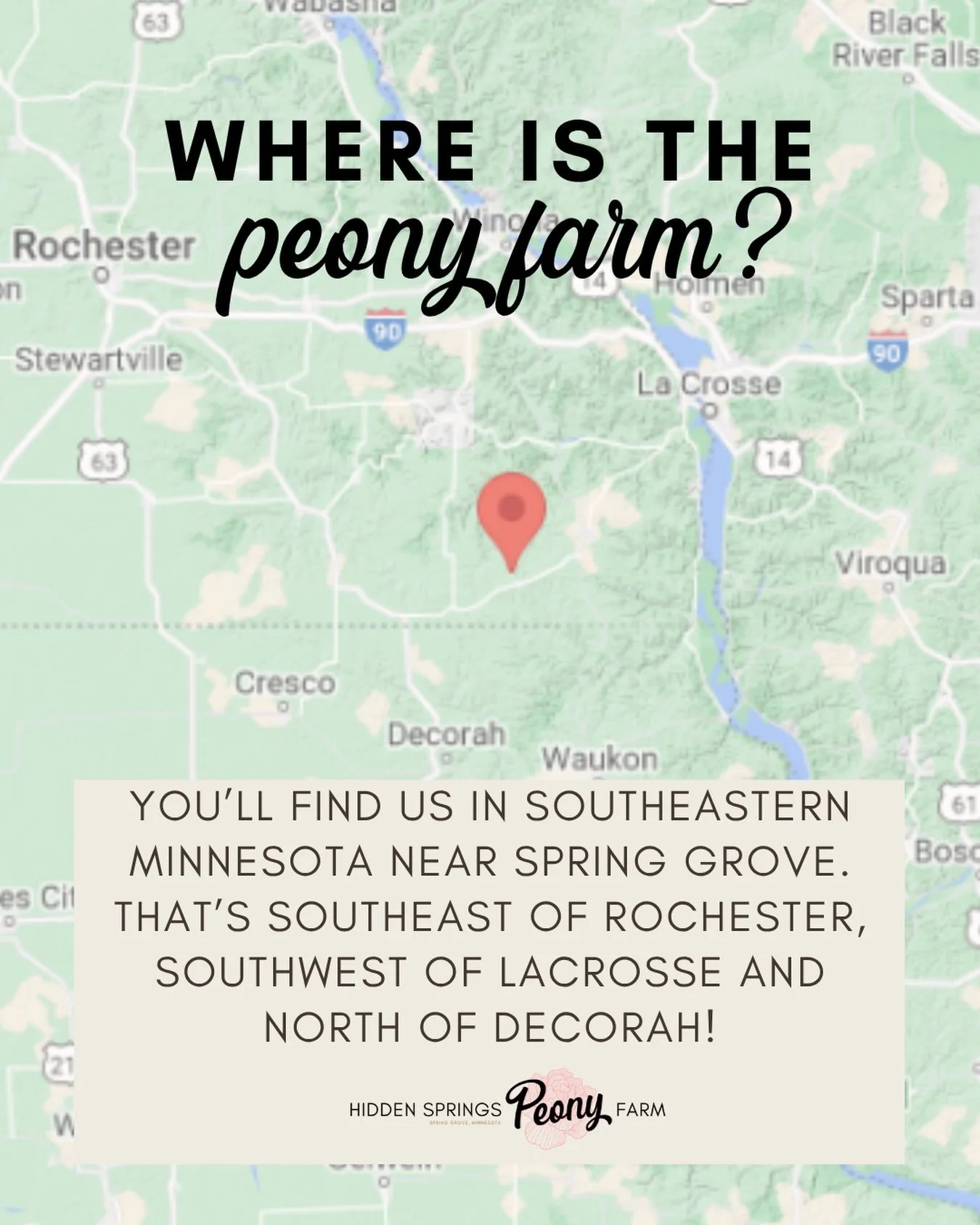Where are we? The short answer is Spring Grove, MN!

Travel time from&hellip;

Twin Cities: 2.5 hours
Rochester: 1.25 hours
La Crosse: 45 minutes
Decorah: 25 minutes