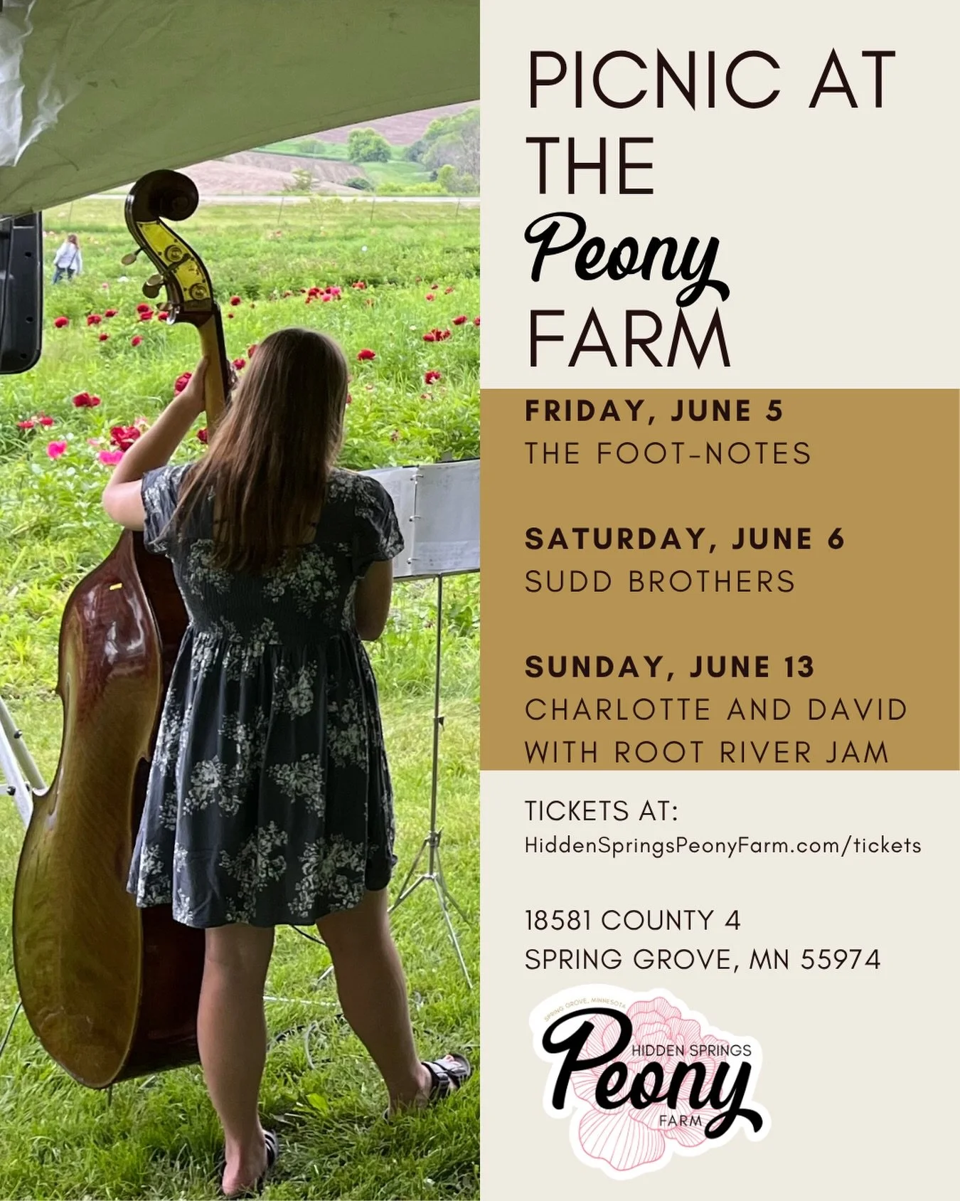 Purchase your Picnic at the Peony Farm tickets this week! 

I have to have catering numbers in and once that&rsquo;s done that&rsquo;s it!

https://www.hiddenspringspeonyfarm.com/tickets