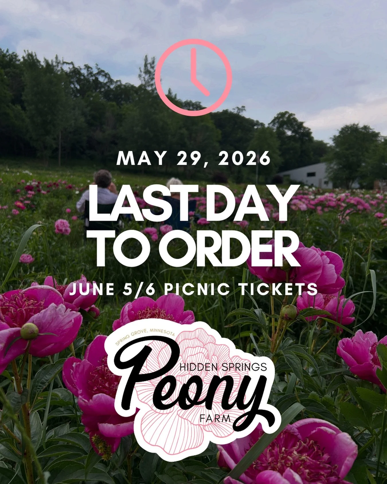Order your picnic tickets today for the June 5/6 Picnic at the Peony Farm! I need to finalize food numbers so this is the last chance. 

Tickets to the June 13 picnic will be available through next Friday.

https://www.hiddenspringspeonyfarm.com/tick