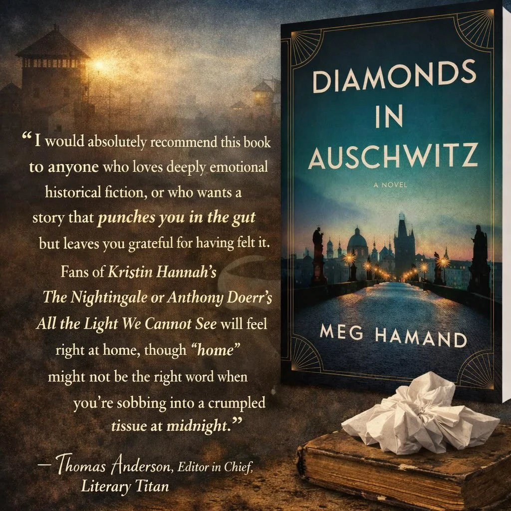Cover of the book "Diamonds in Auschwitz" by Meg Hamand, depicted with a cityscape at dusk, with a bridge, statues, and a large cloud at the bottom.
