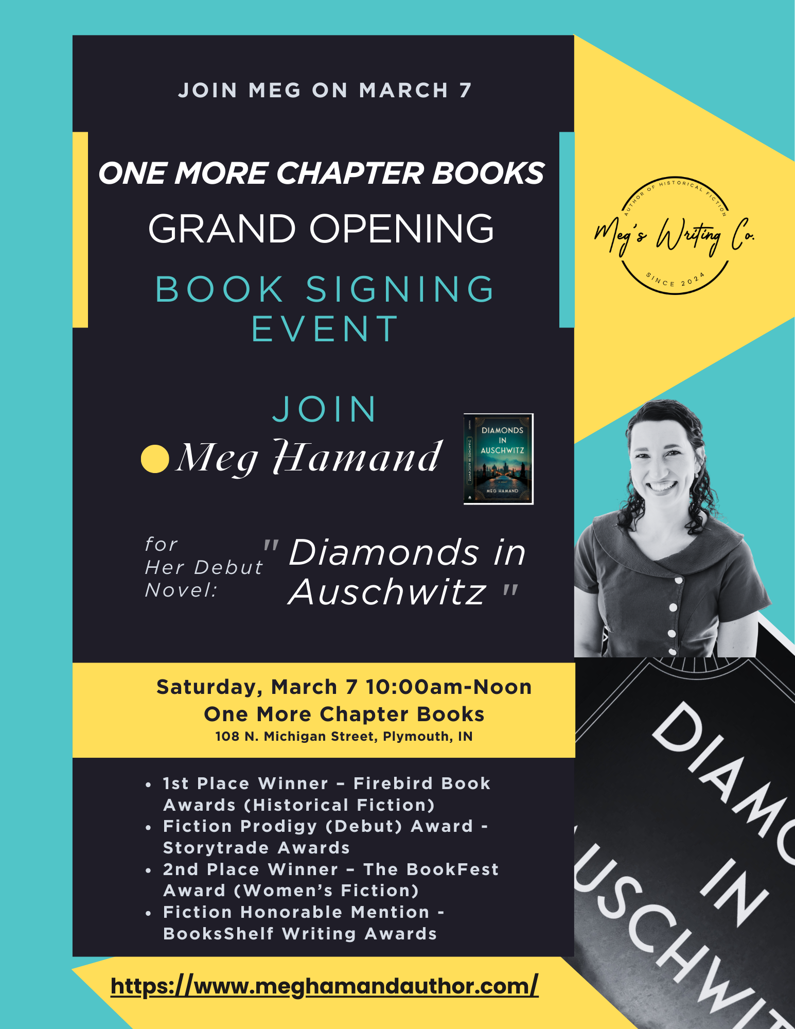 Flyer for Meg Hamand's book signing event at One More Chapter Books on March 7, 10:00 am to noon, featuring her debut novel 'Diamonds in Auschwitz'. The flyer includes event details, a photo of Meg Hamand, and an image of her book cover.