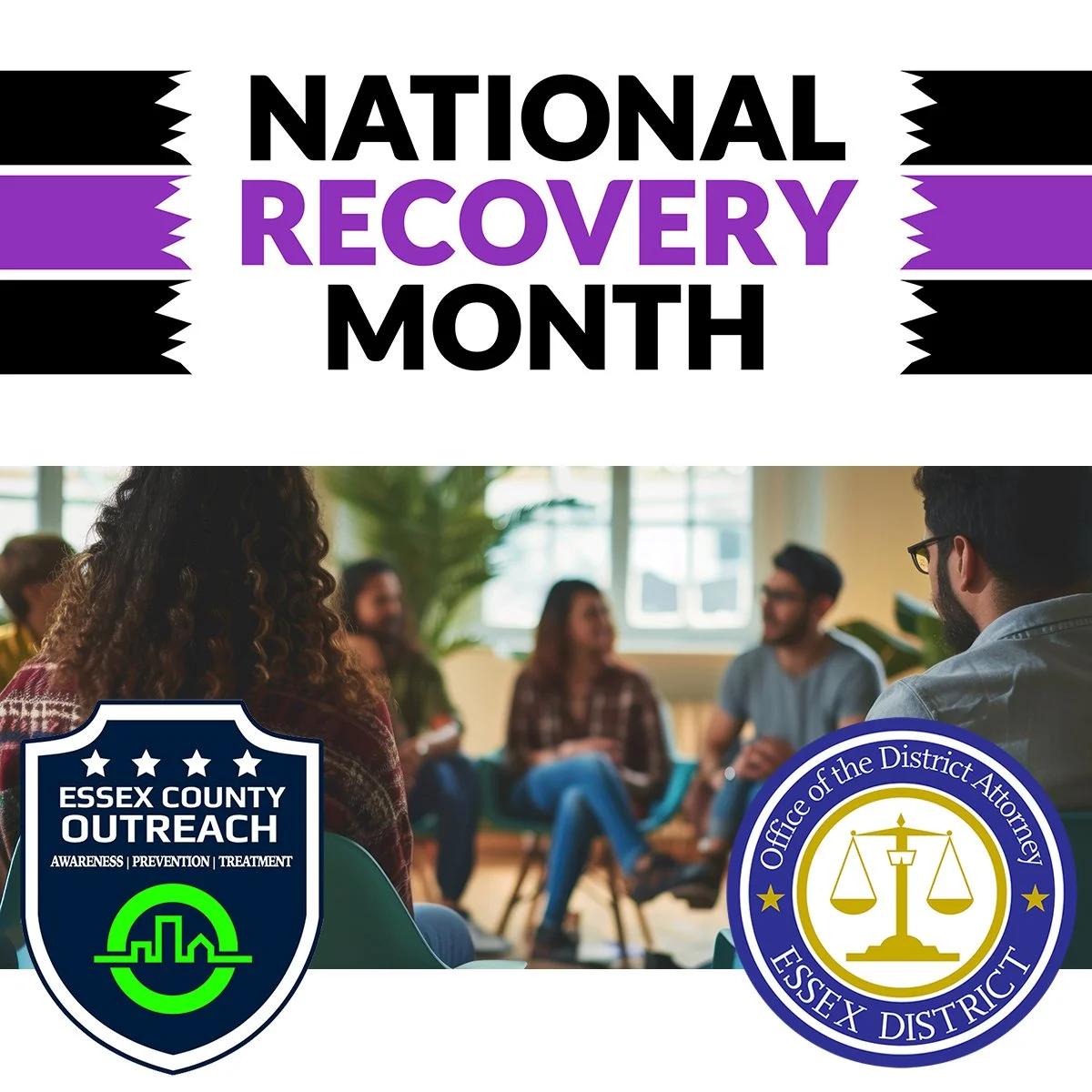 Image of recovery support group with seal of the Essex County District Attorney and Essex County Outreach logo