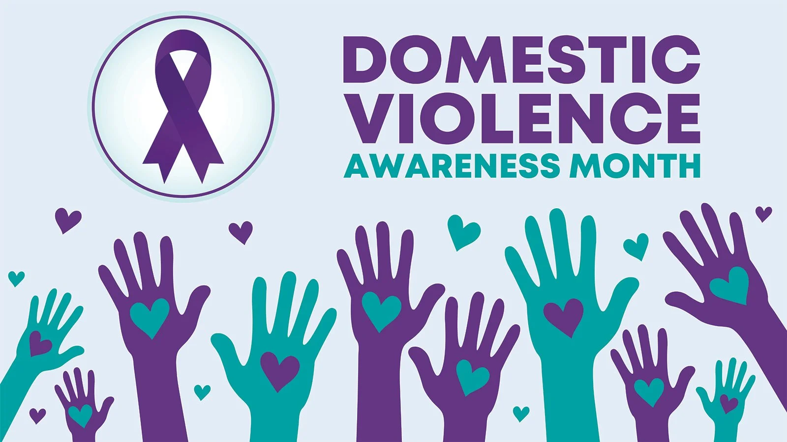 Purple ribbon and hands graphic for Domestic Violence Awareness Month 2025