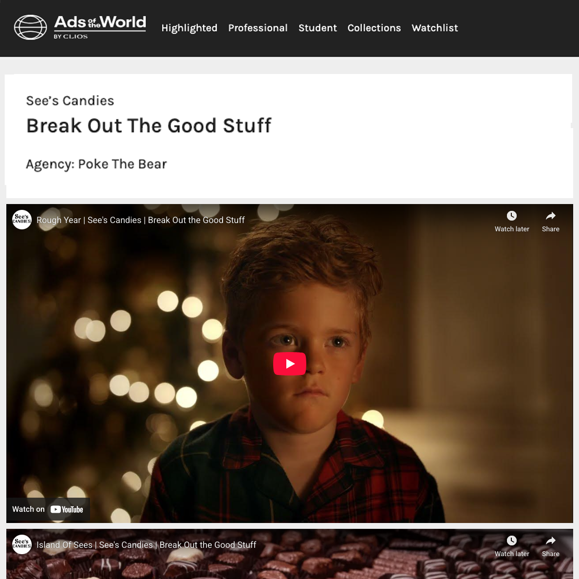 Screenshot of a webpage titled "Ads of the World" showing a section called "See's Candies" with a promotional message "Break Out The Good Stuff" and an agency named "Poke The Bear." The webpage includes a video thumbnail of a young boy with red hair and a serious expression, sitting in front of a Christmas tree with blurred lights, and a partial view of assorted chocolates at the bottom.