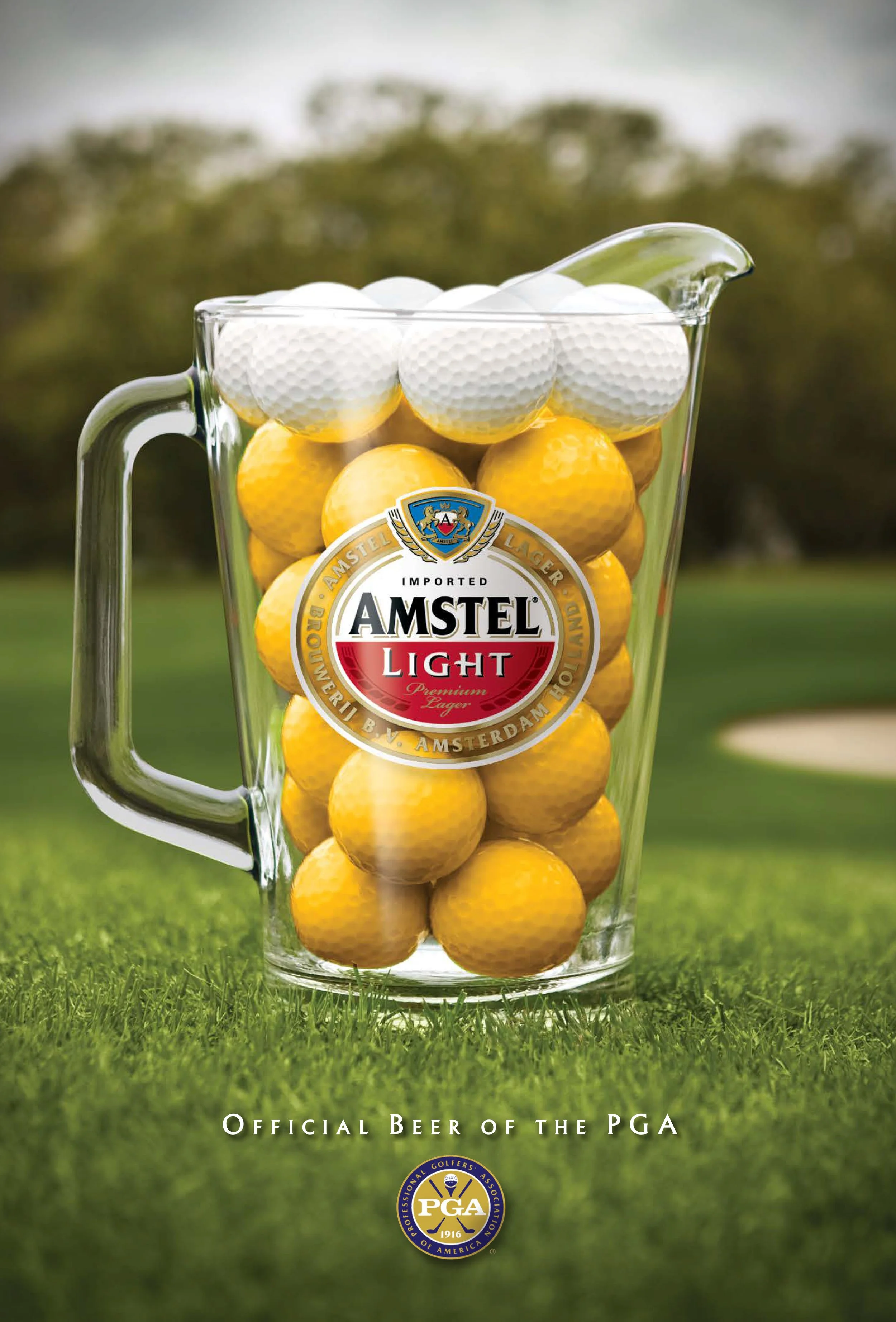 Amstel Light poster featuring a beer pitcher filled with yellow and white balls and a headline that reads, "Official Beer of the PGA"