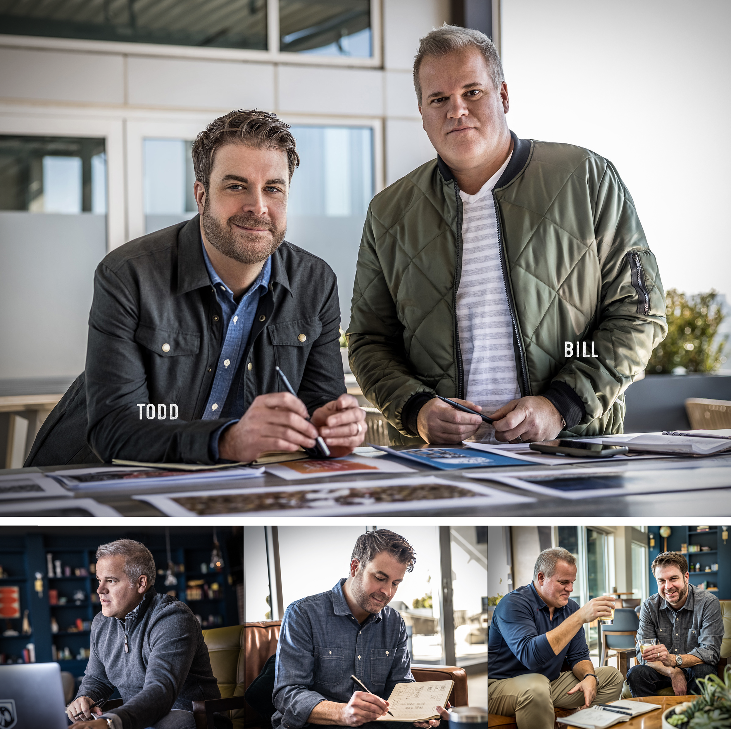 Founders Bill Milkereit and Todd Tucker standing in front of their work, and smaller images of them working together.