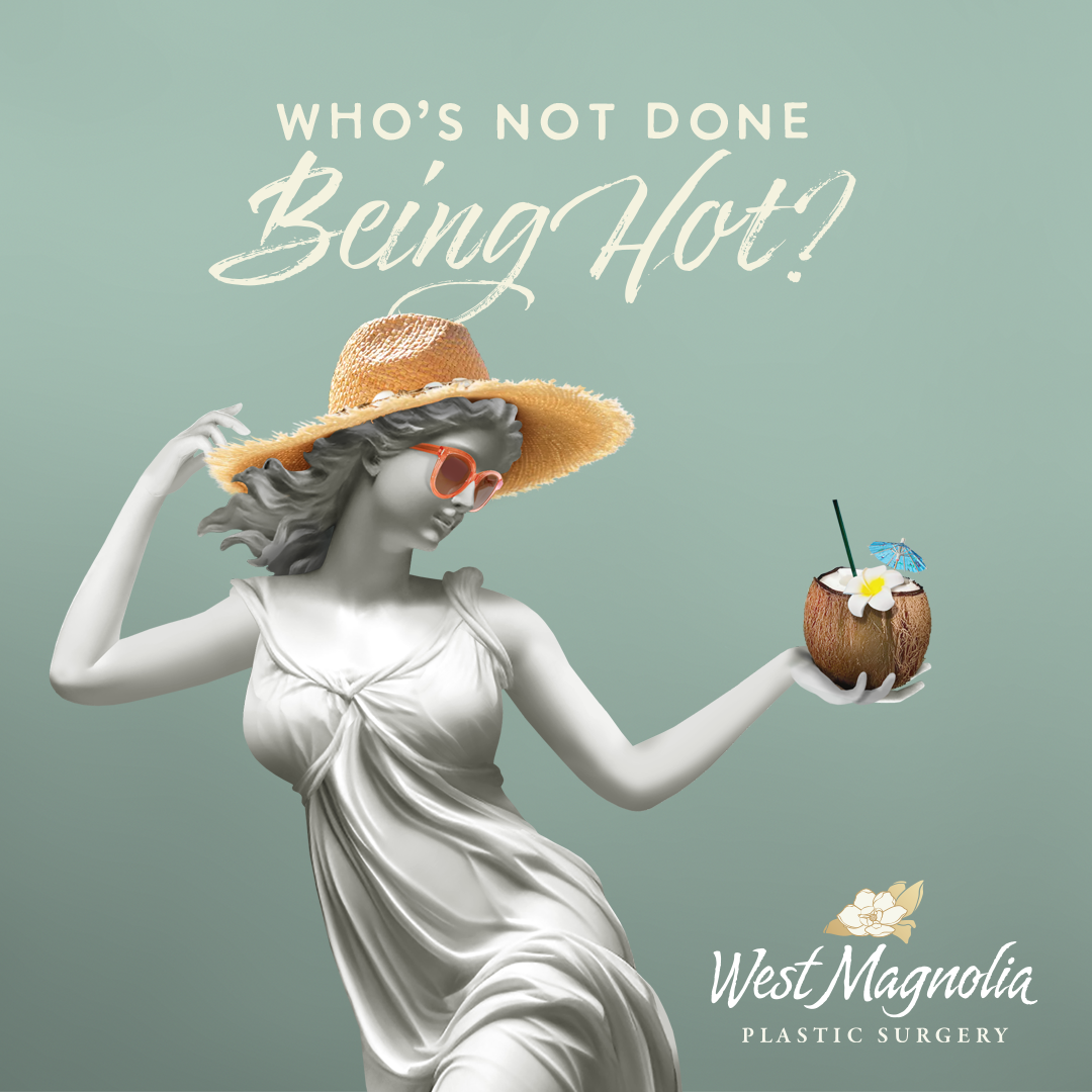 Social post for West Magnolia Plastic Surgery featuring a marble statue of a Greek goddess wearing modern fashion accessories and a headline that reads, "Who's not done being hot?"