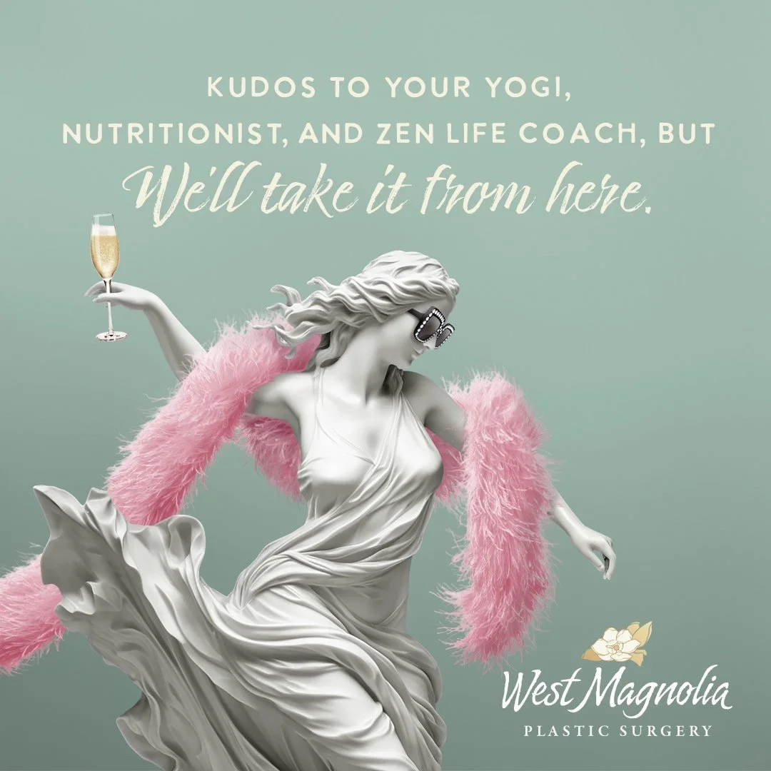 Social post for West Magnolia Plastic Surgery featuring a marble statue of a Greek goddess wearing modern fashion accessories and a headline that reads, "Kudos to your Yogi, Nutritionist, and Zen Life Coach, but we'll take it from here."
