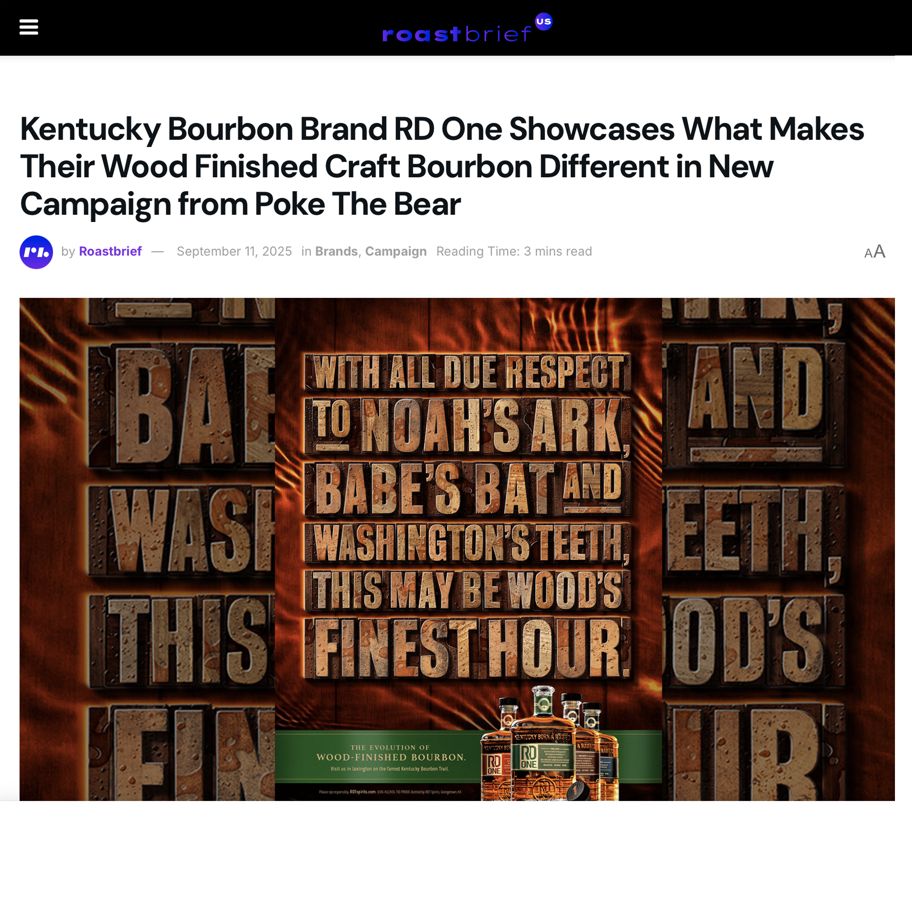 Advertisement for Kentucky Bourbon highlighting wood-finished craft bourbon and a quote about Noah's Ark and Babe's Bat.