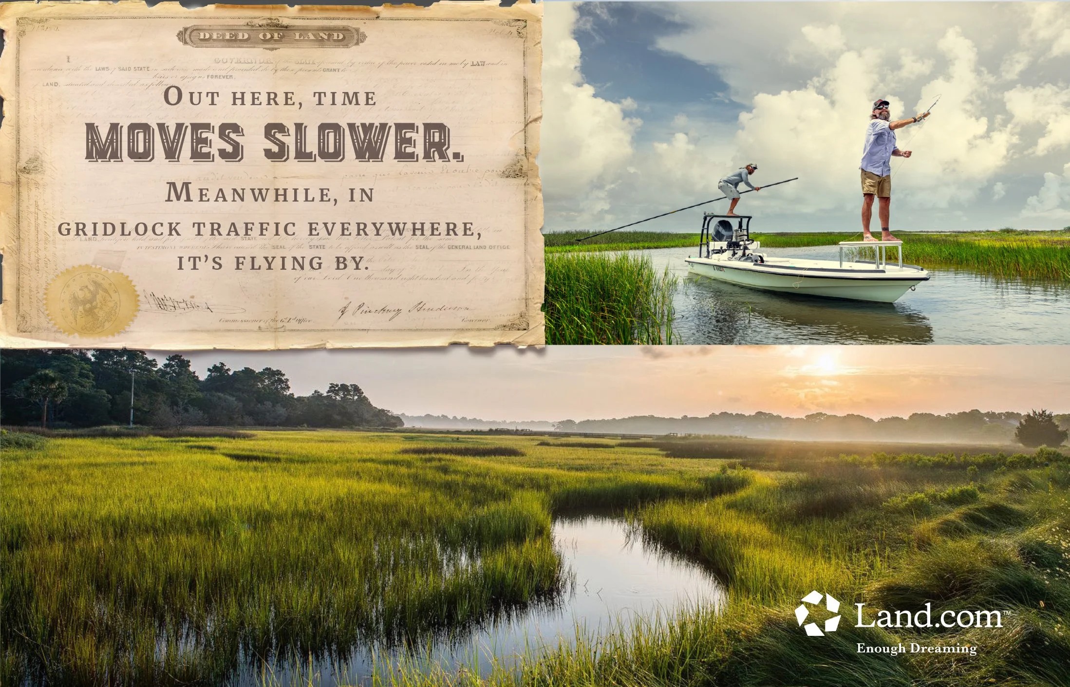 Print ad for Land.com featuring men fishing in the marshlands, with a headline that reads, "Out here, time moves slower. Meanwhile, in gridlock traffic everywhere, it's flying by."
