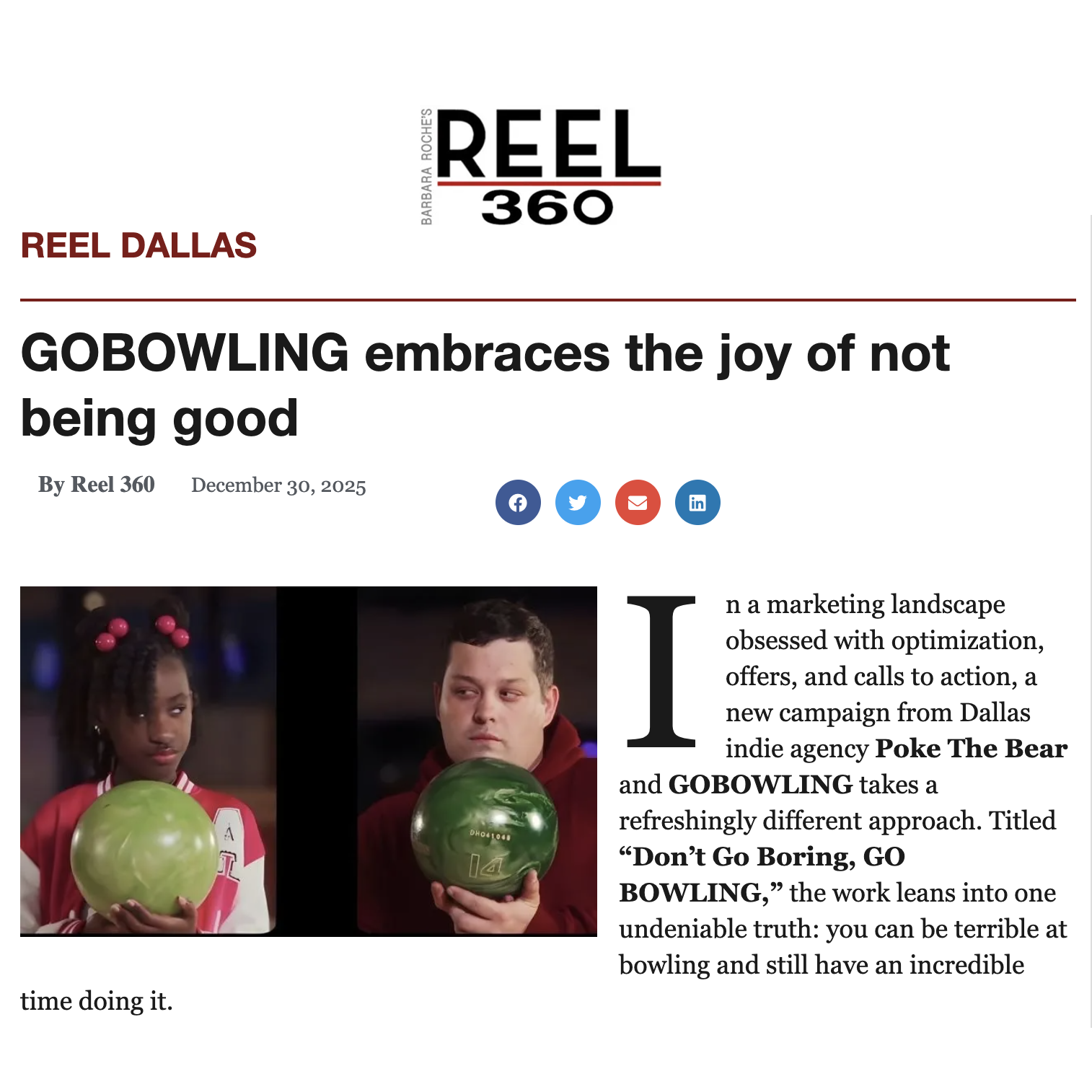 A newspaper article titled 'GOBOWLING embraces the joy of not being good,' featuring images of a young girl and a man, both holding green bowling balls.
