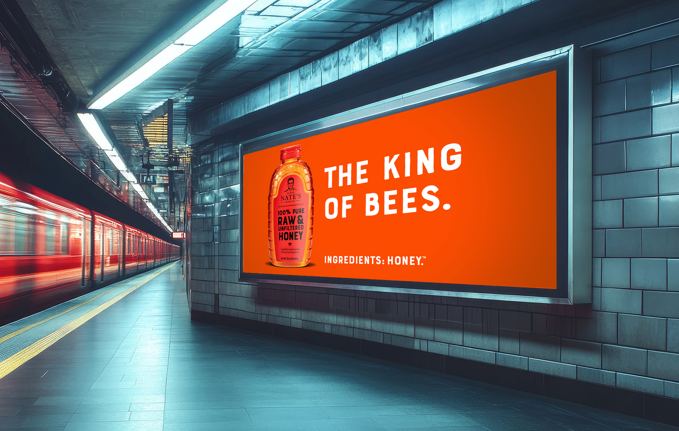 Nature Nate's Honey Ad on the wall of a train station with a headline that reads, "The king of bees."