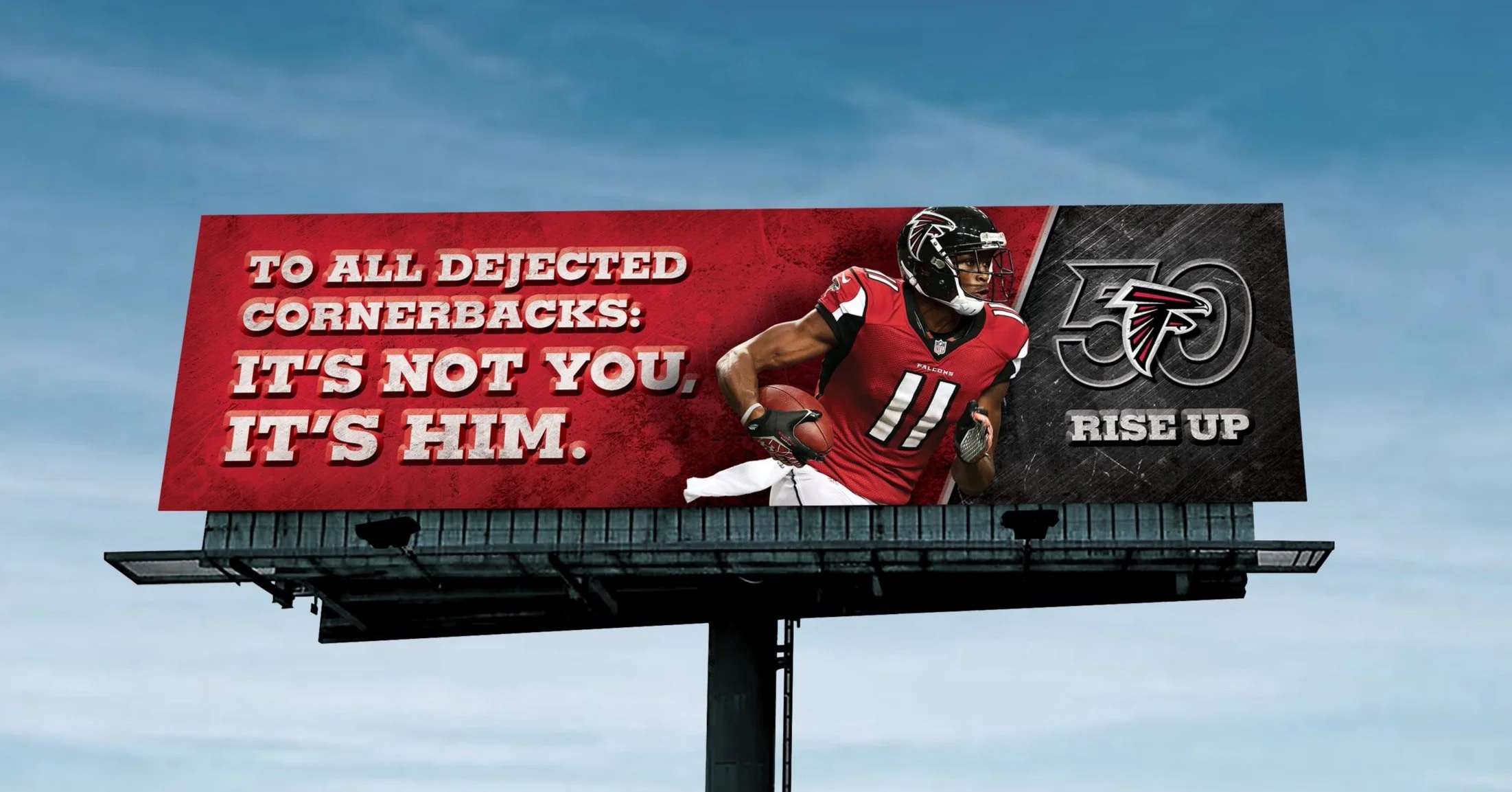 Atlanta Falcons outdoor board featuring Julio Jones and a headline that reads, "To all dejected cornerbacks: It's not you, it's him."