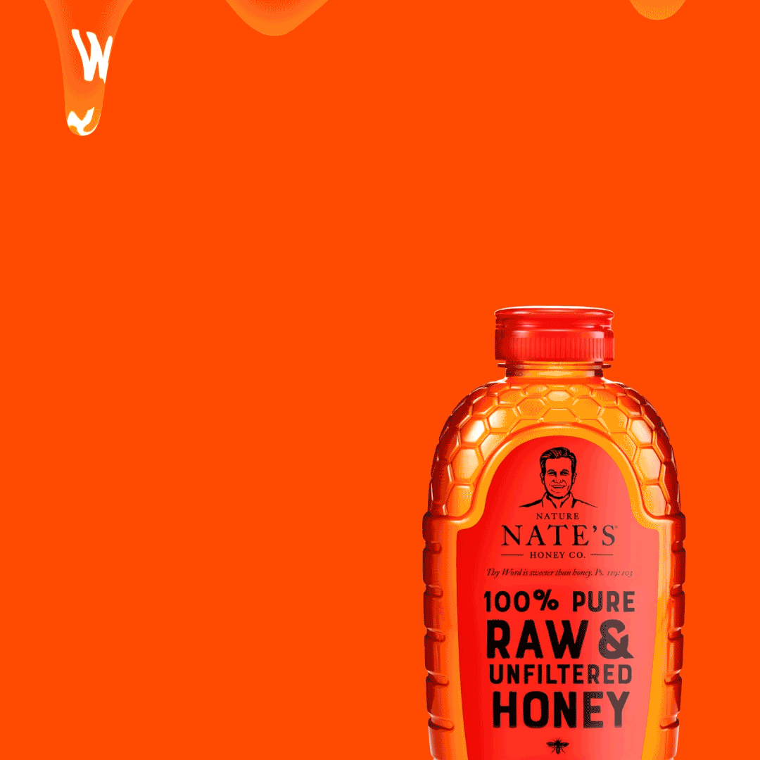 Gif of an animated Nature Nate's ad featuring a honey bottle, bright orange background, and a headline that reads, "Whoever you are, Earl Grey, you owe us big time."