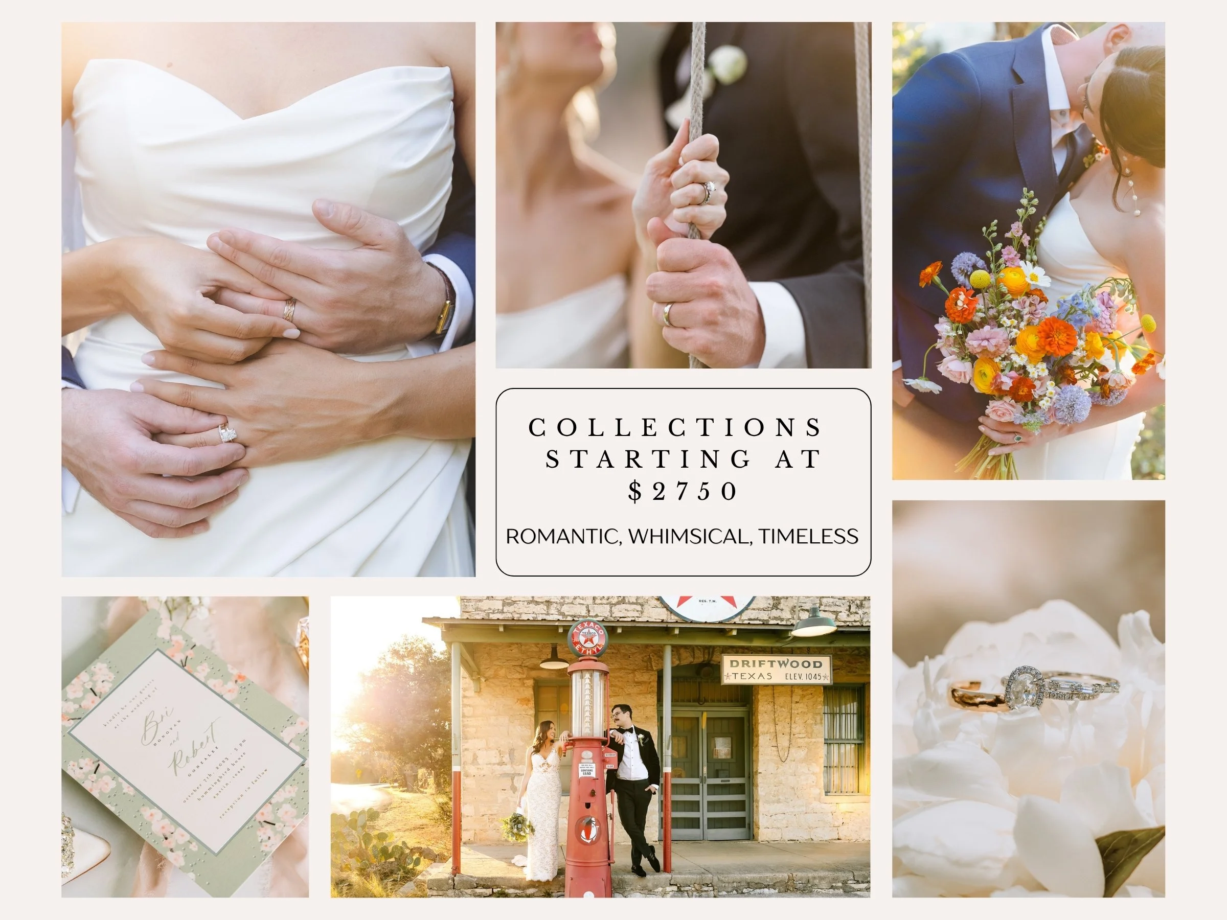 A collage of six wedding-themed images. The first shows a close-up of a bride's hands with wedding rings over her white dress. The second captures a close-up of a bride and groom holding a rope swing. The third depicts a bride holding a colorful bouquet of flowers, with a groom in a blue suit leaning toward her. The fourth displays a wedding invitation with floral details. The fifth features a bride and groom standing outside a building in front of a vintage red mailbox, holding hands. The sixth shows a close-up of wedding rings placed on white flowers.