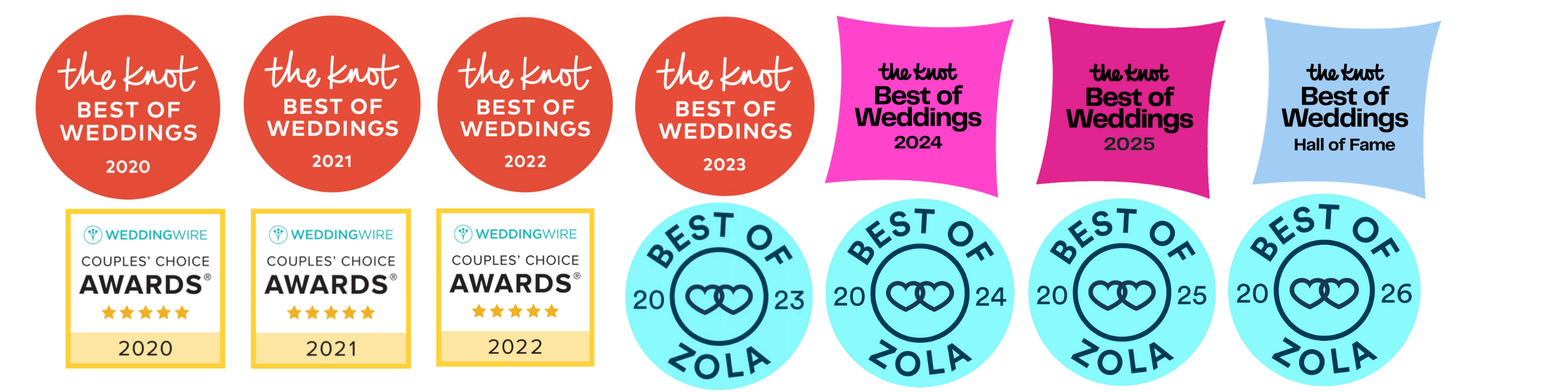 Wedding industry awards and badges for Photos by Mkay wedding photography including Best of Zola, Best of The Knot, and WeddingWire Couples’ Choice Awards