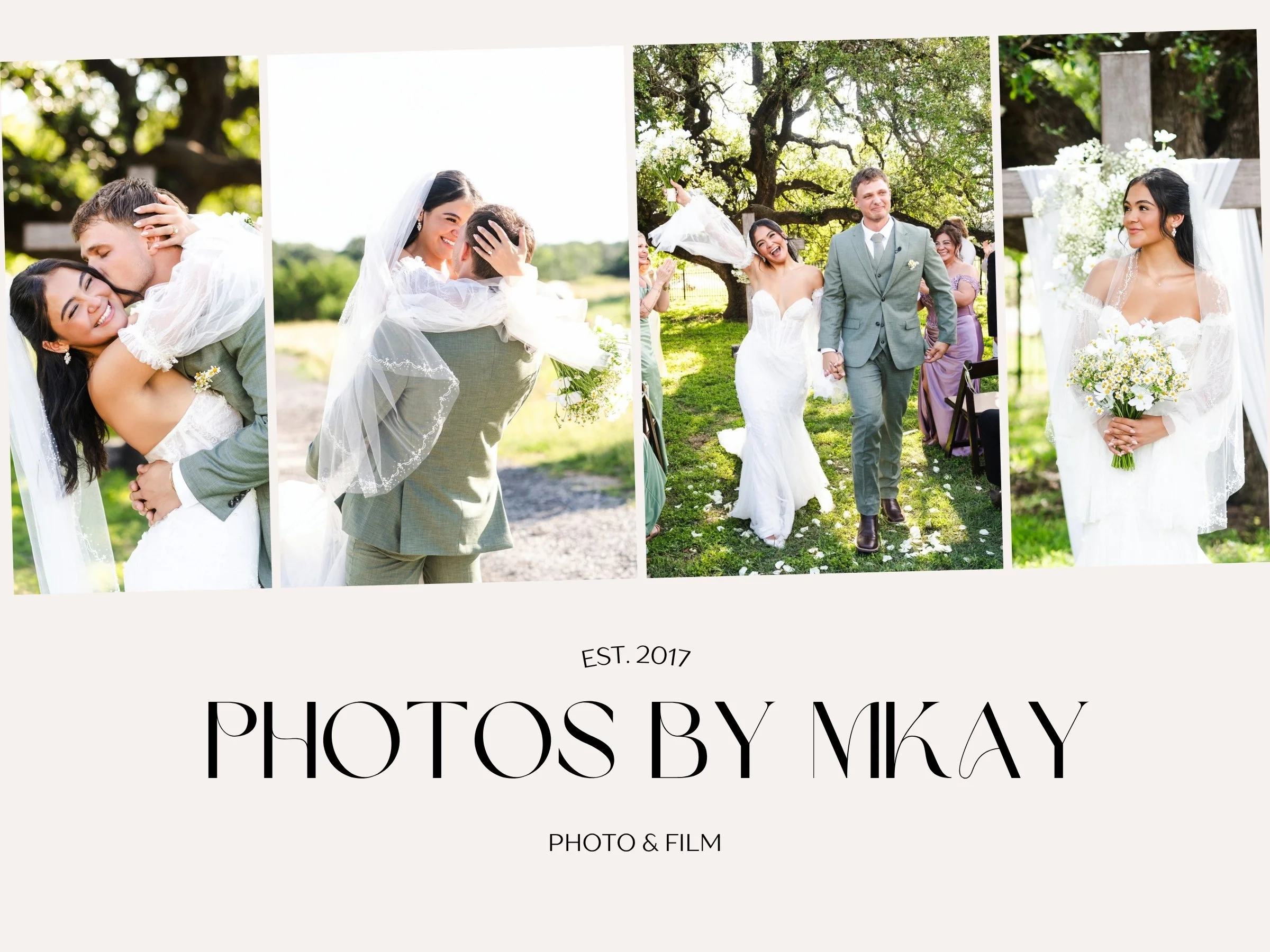 A photo collage of a wedding ceremony outdoors with trees and sunlight, featuring a bride and groom, friends, and wedding details.