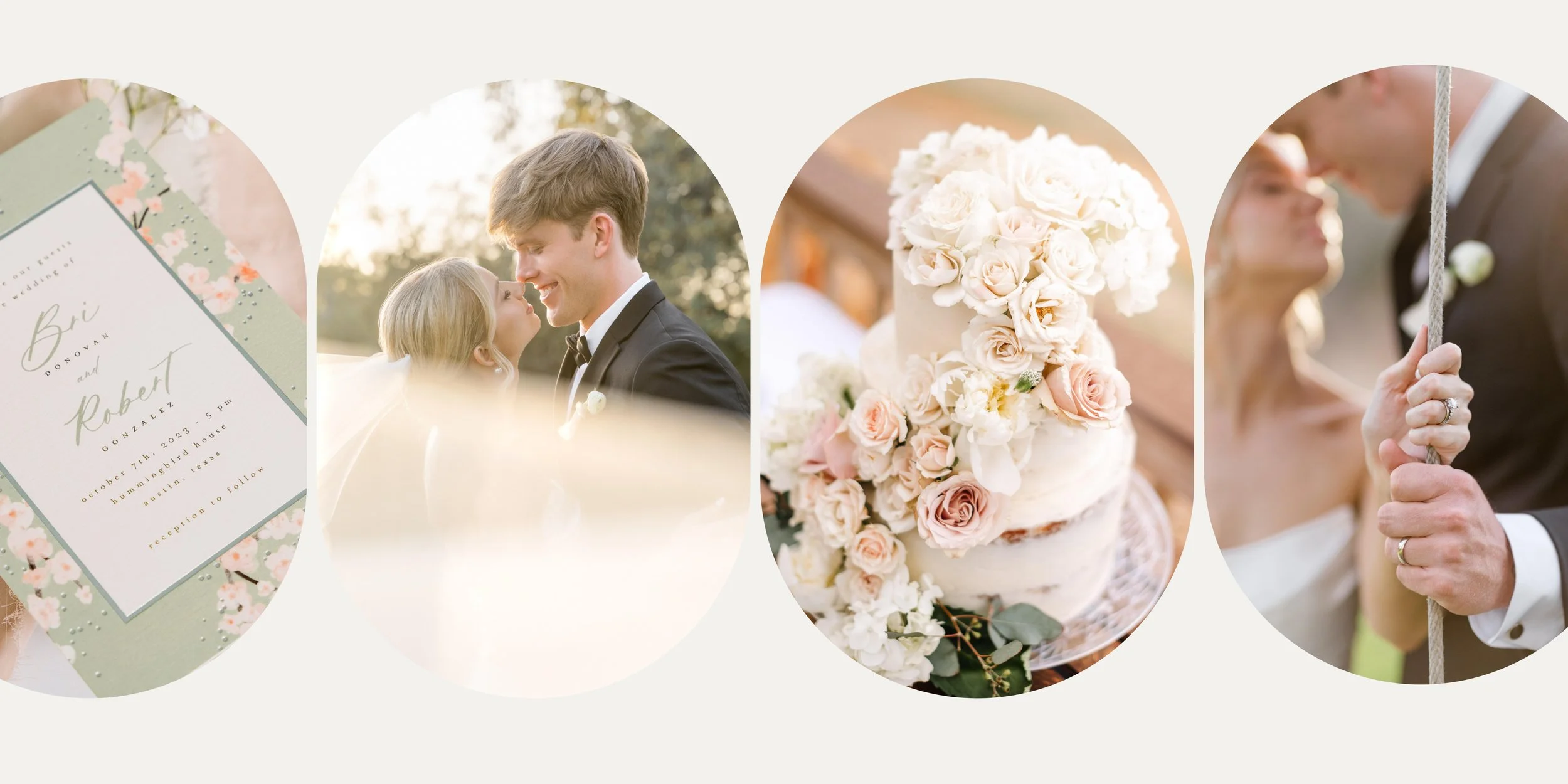 A collage of wedding photos including an invitation, a couple looking at each other, a wedding cake with white and pink flowers, and a couple holding a rope.