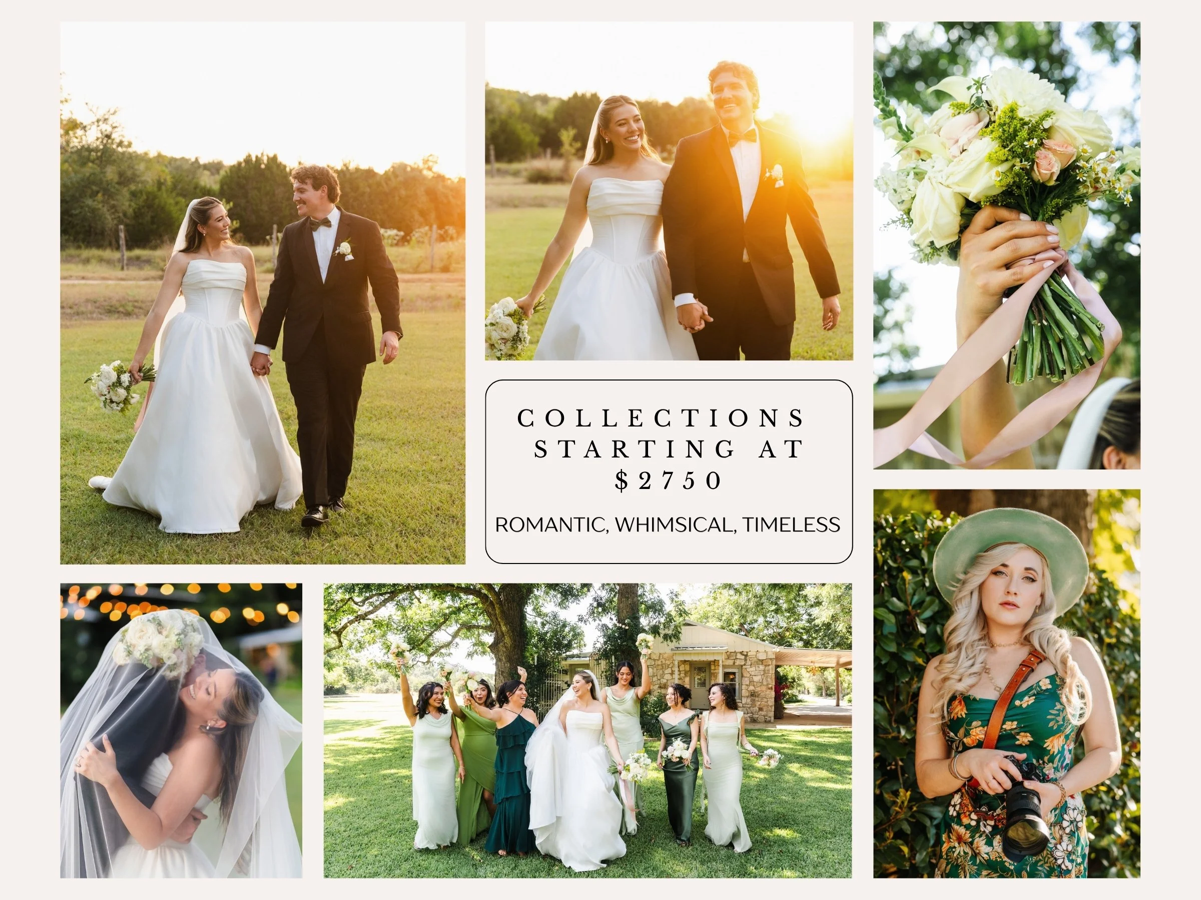 Collage of images from a wedding celebration outdoors. Top left shows a bride and groom walking hand in hand on grass, smiling at each other, with trees in the background at sunset. Top center features the bride and groom holding hands and smiling, with sunlight shining behind them. The right shows a close-up of a hand holding a bouquet of white and pink roses. The bottom left displays the bride with a veil and flowers on her head, smiling, and the bottom right depicts a group of women in casual dresses, some with flowers, outdoors on a sunny day.