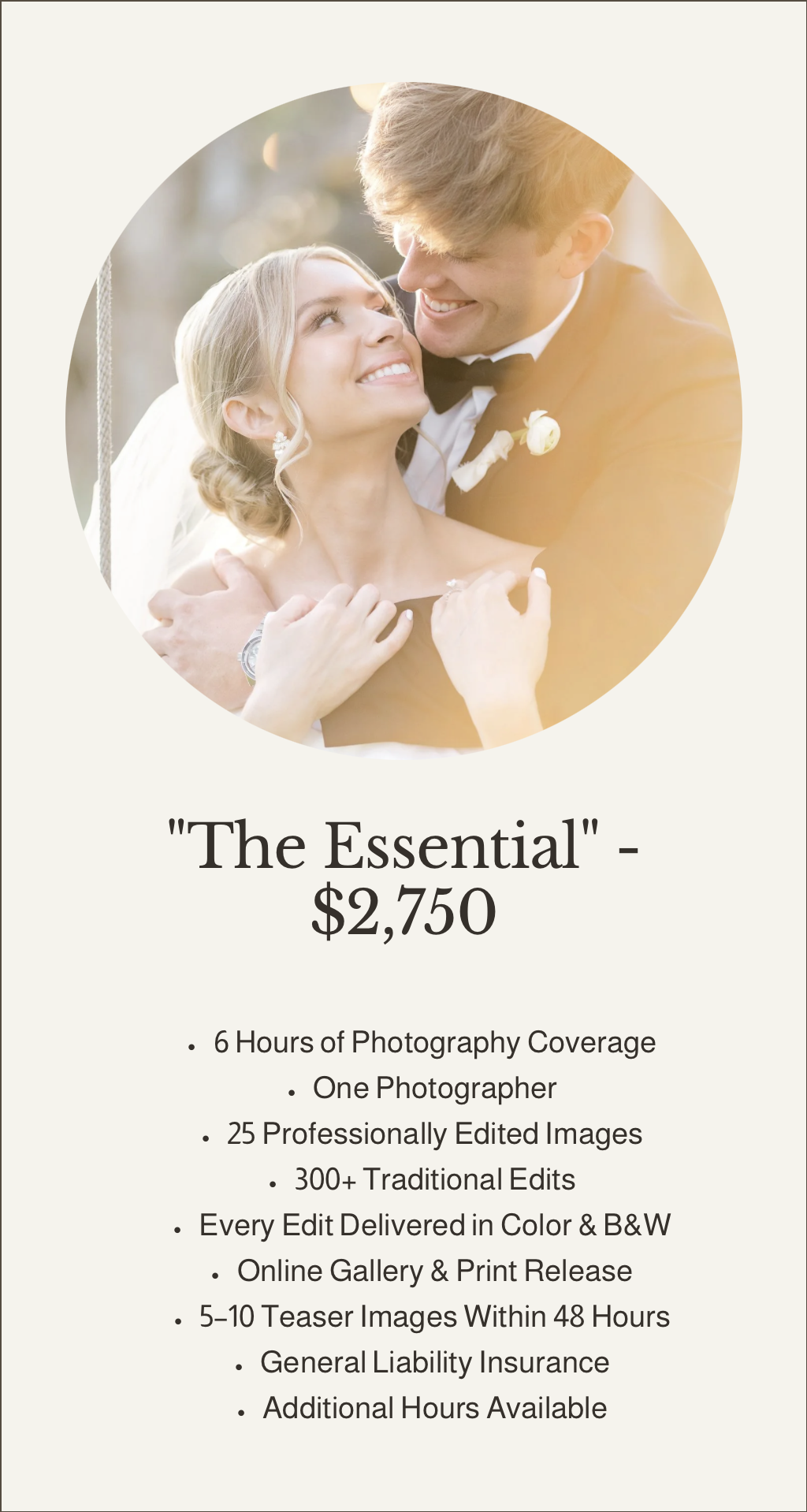 Wedding photography package advertisement featuring a romantic photo of a smiling bride and groom facing each other, surrounded by beige background and text listing package details and pricing.