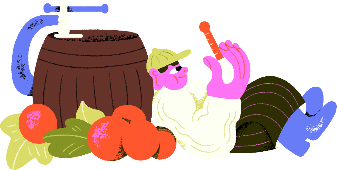 Illustrated character holding a thermometer leaning against a wine baril