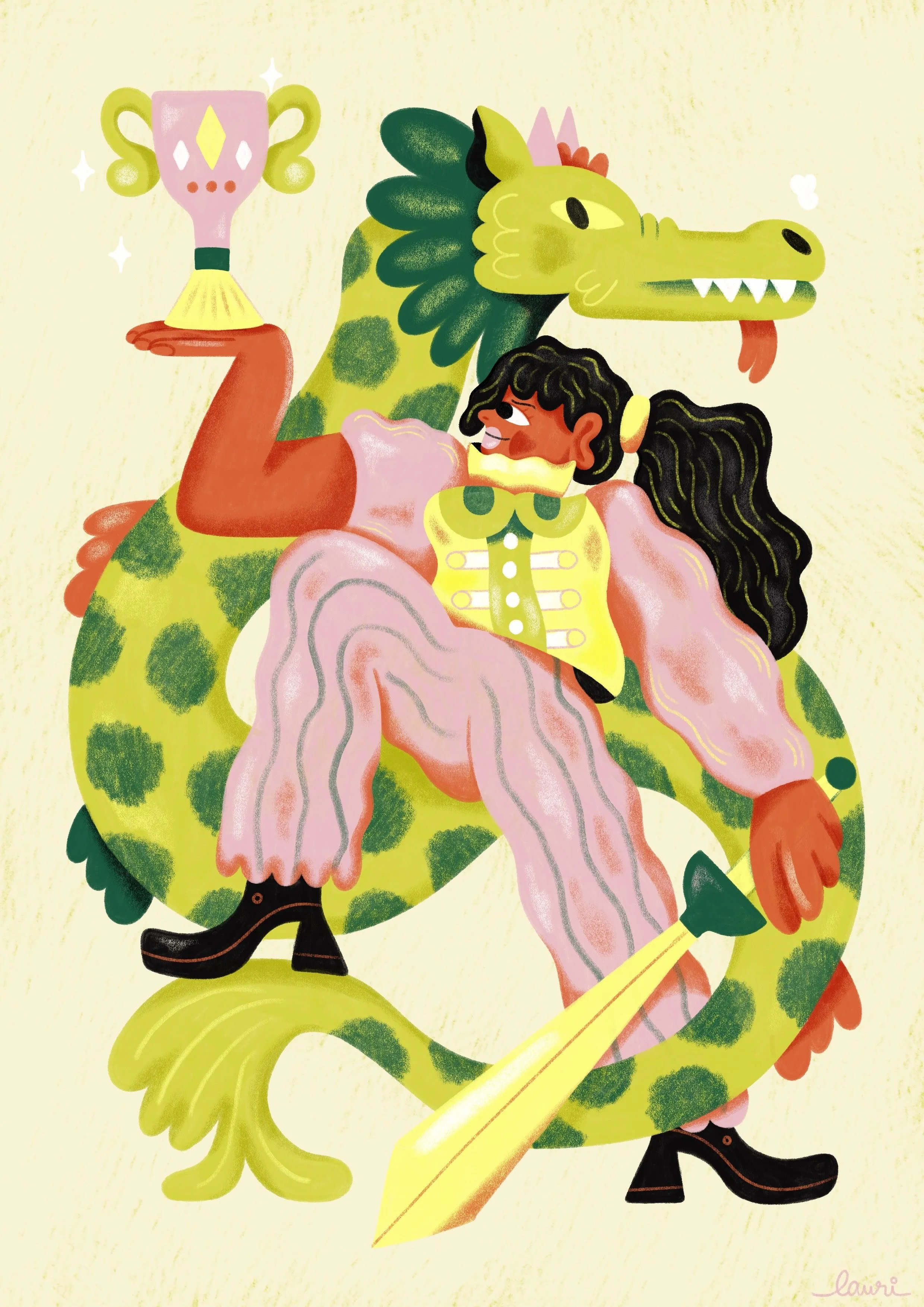 Illustrated character holding a sword with a dragon in the background