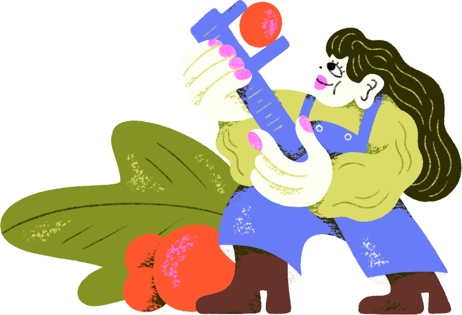 Illustrated character holding a grape with a measuring tool