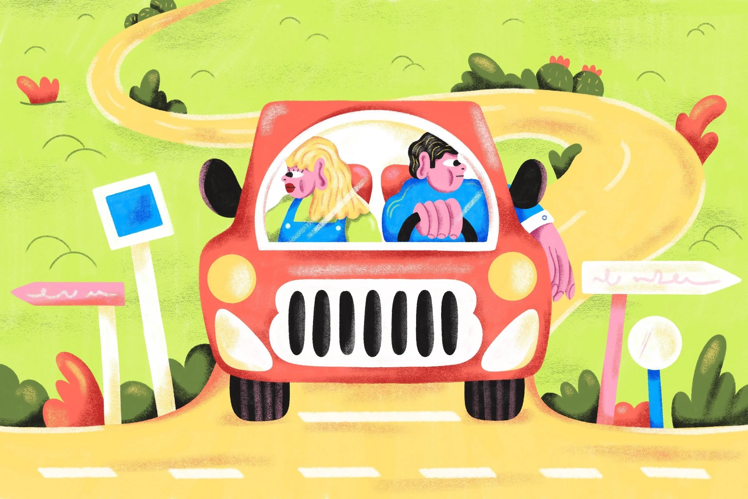 Illustration with two characters sitting in a car at a split road. By Lauri Simonin