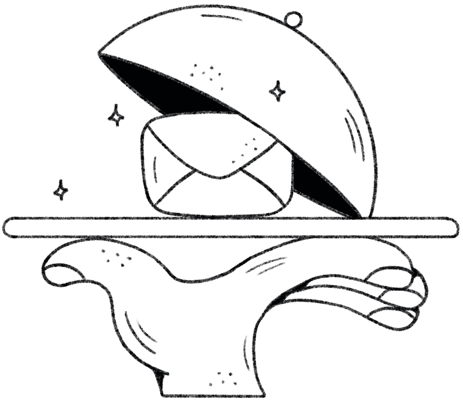 Doodle of a hand holding a tray and an enveloppe under a cloche - Lauri Simonin