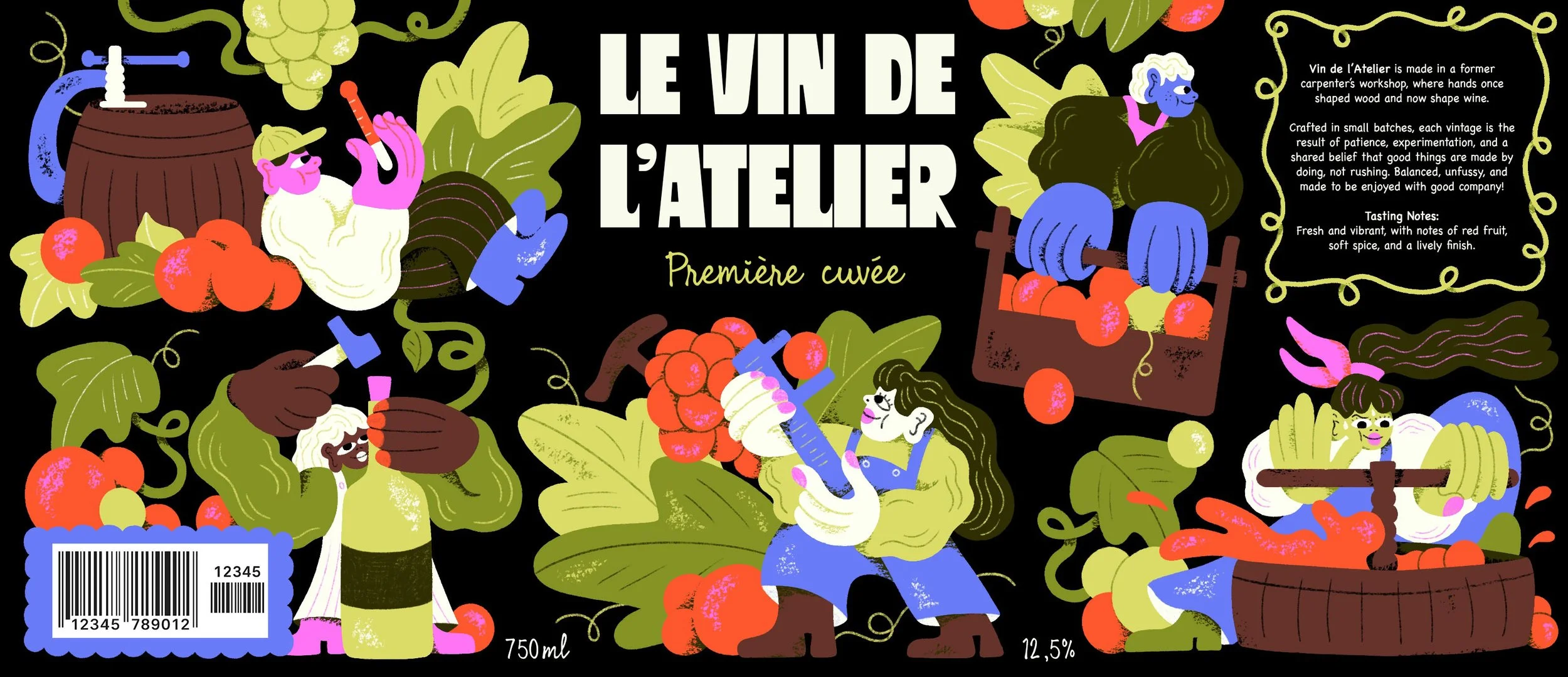 Illustrated wine wraparound label with characters
