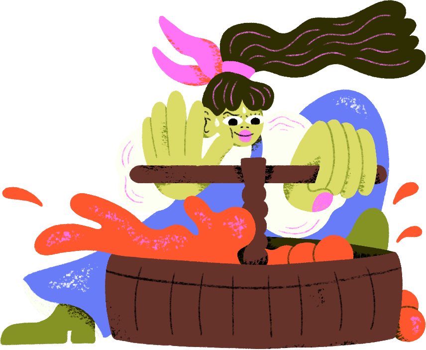 Illustrated character pressing grapes into wine