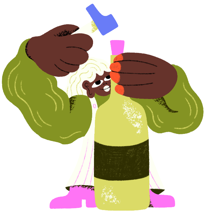 Illustrated character hammering a cork in a bottle