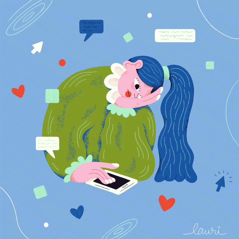 Animation of a character scrolling endlessly on her phone