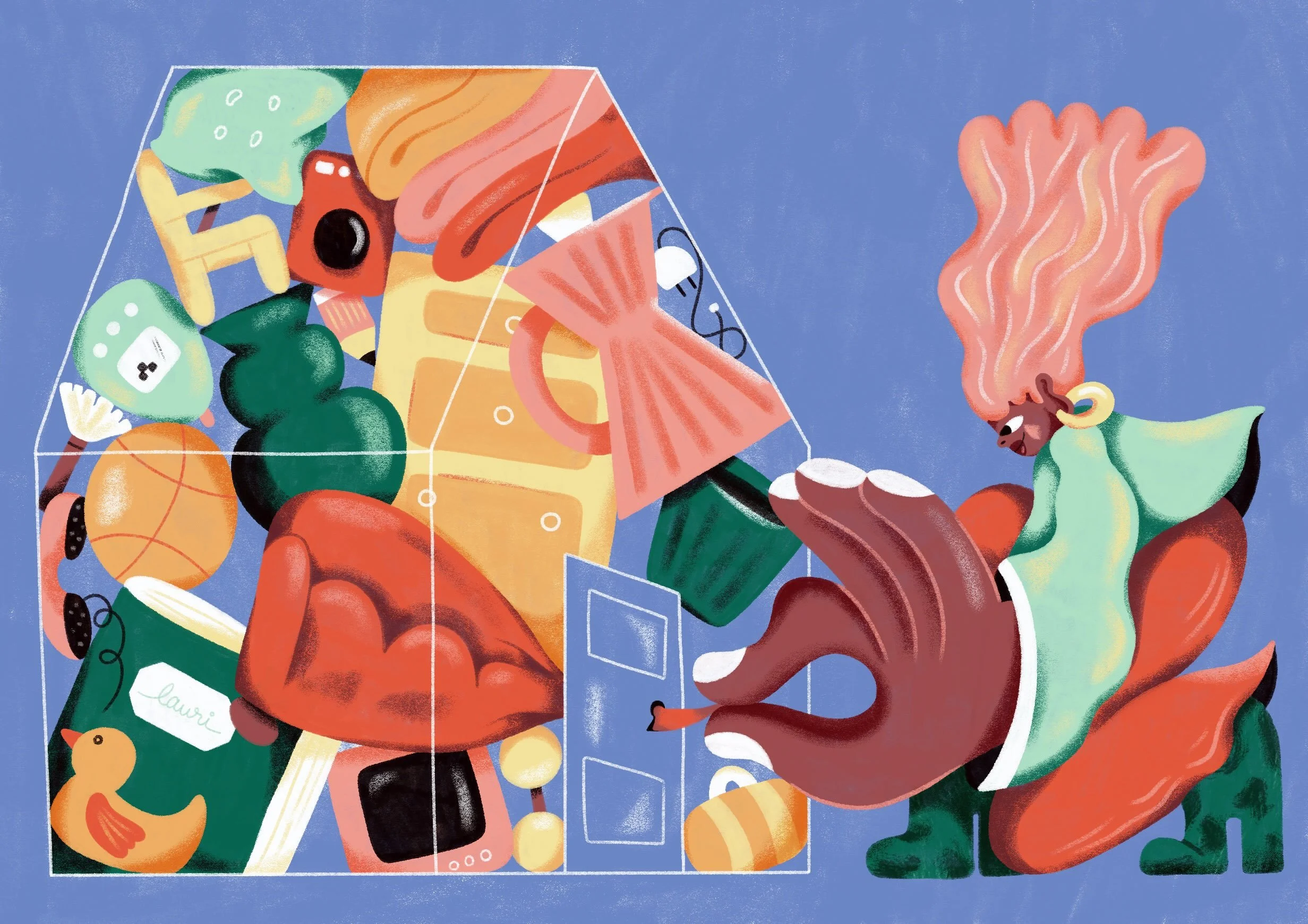 Illustration with a woman pulling a sofa out of a house through the lock