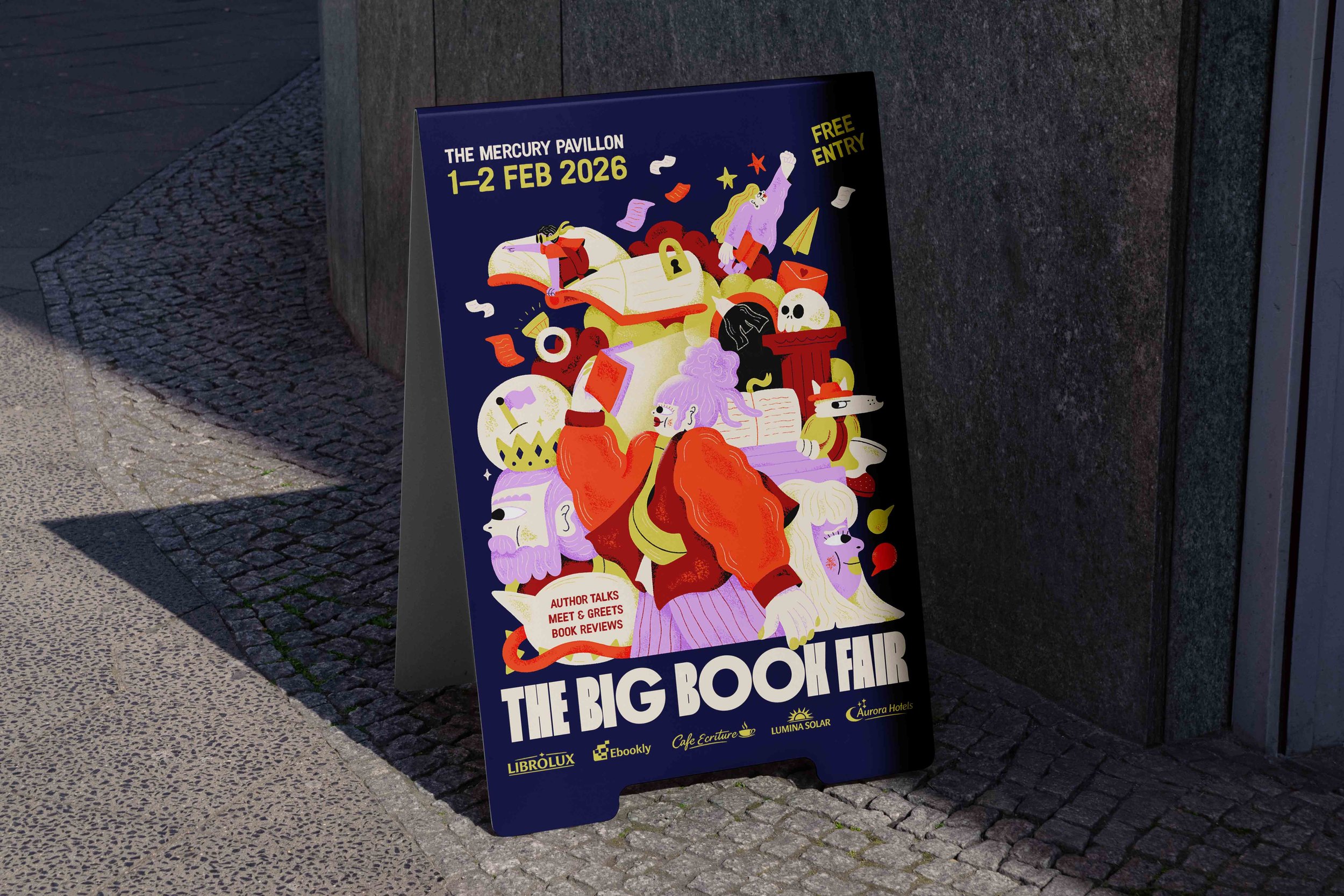 Illustrated street sign for the Big Book Fair