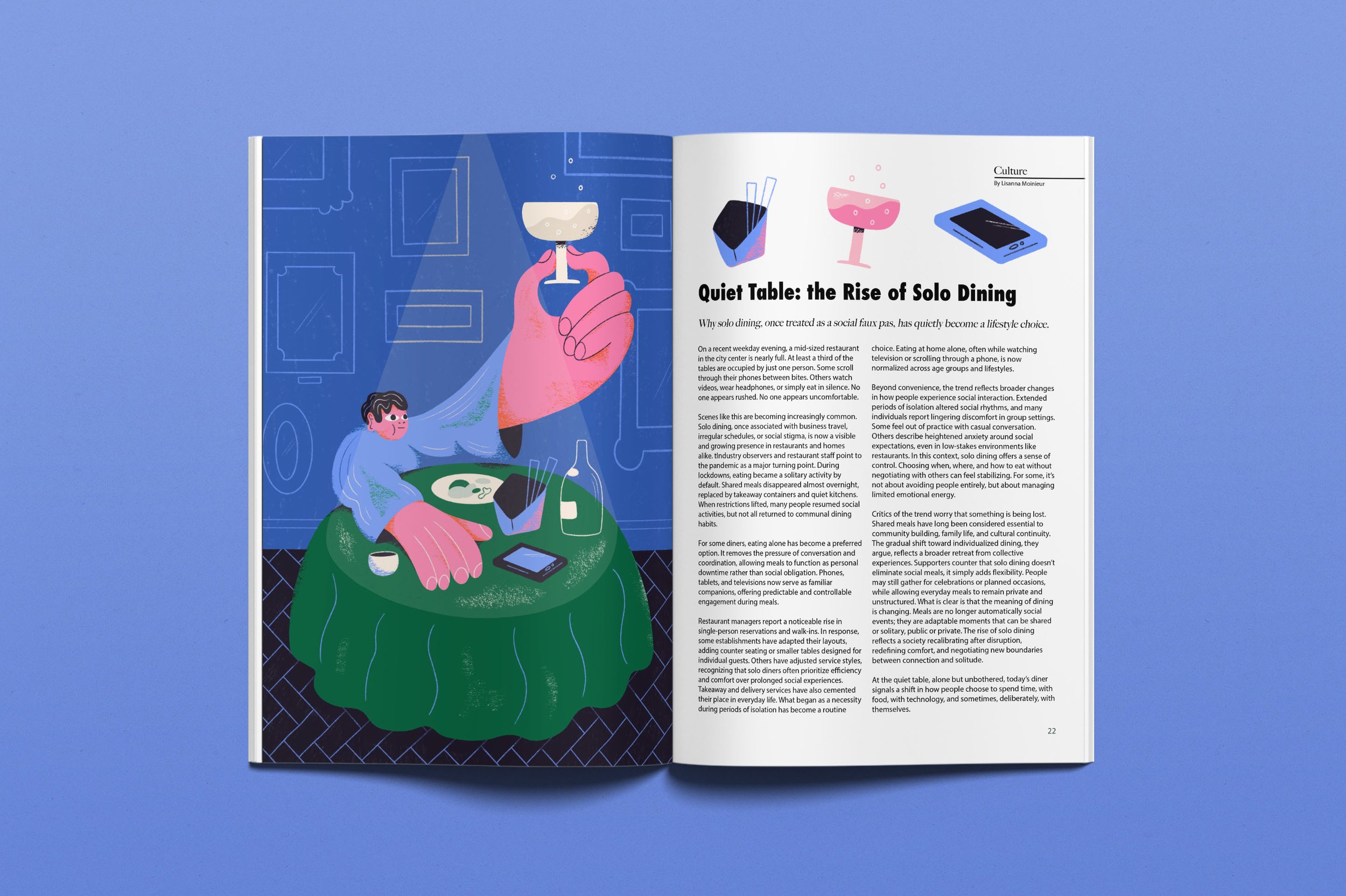 Editorial spread with digital illustration featuring a man eating alone at a table