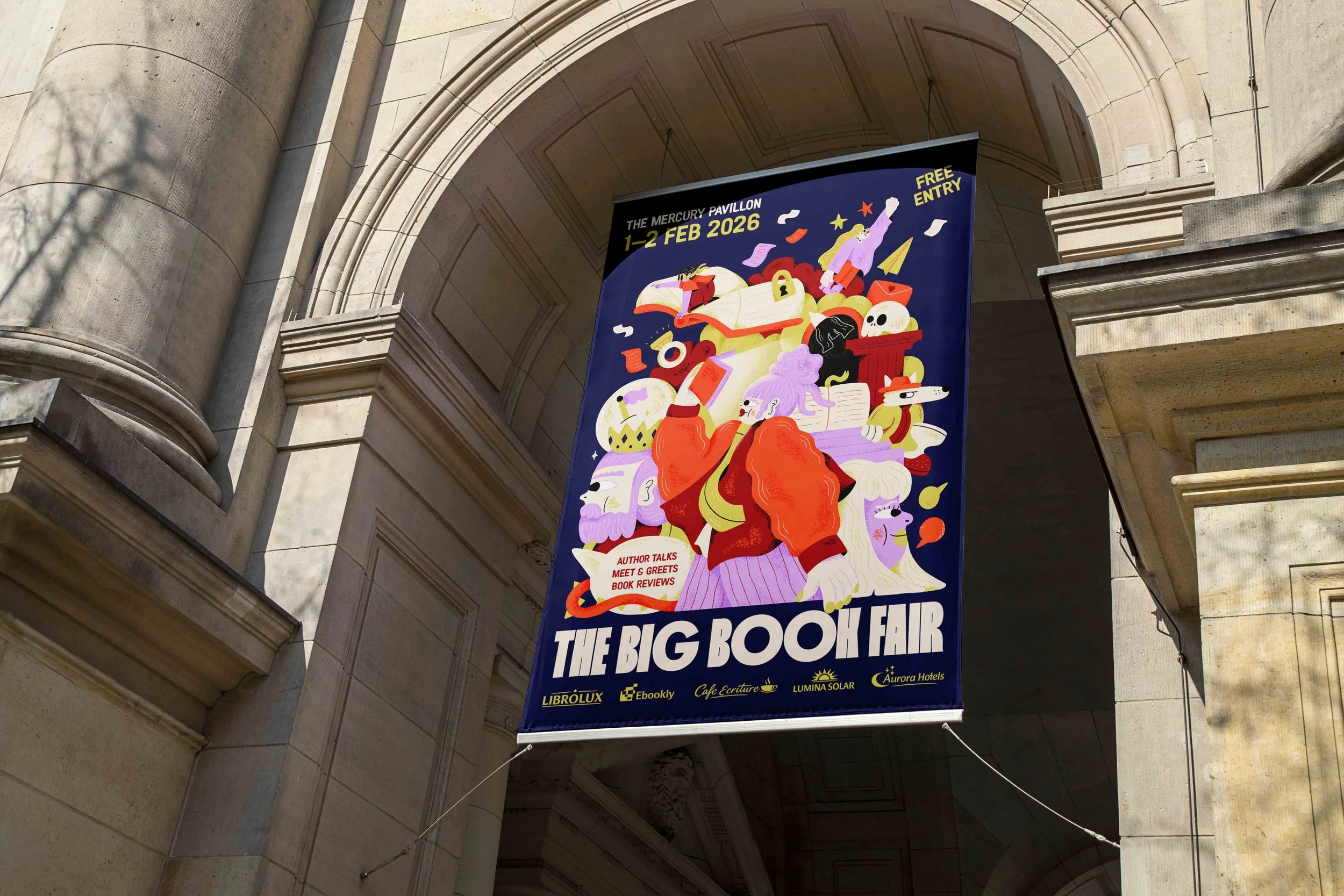 Illustrated poster for The Big Book Fair hanging from a building